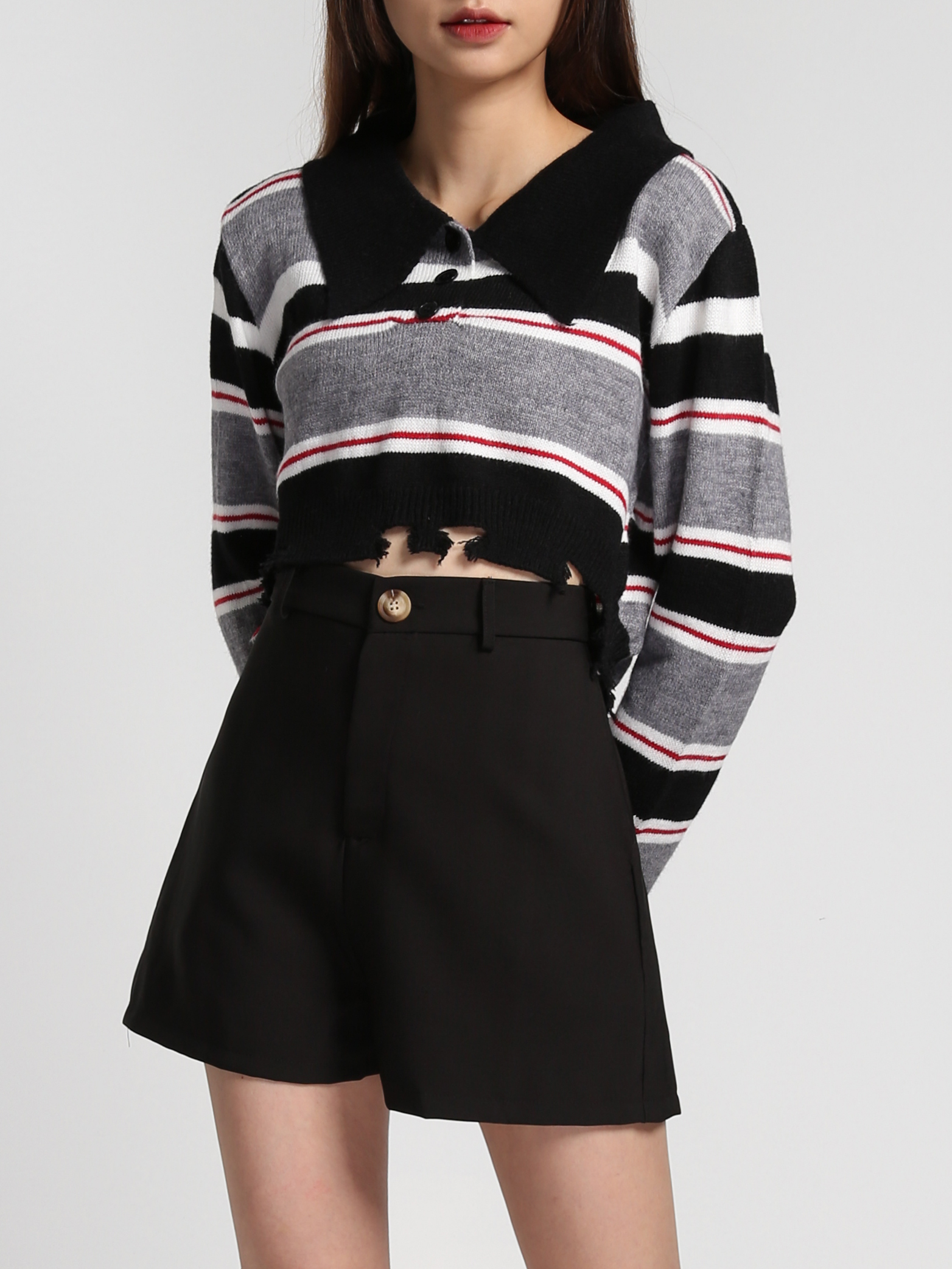 Stripe Collar Long Sleeve Top 27143