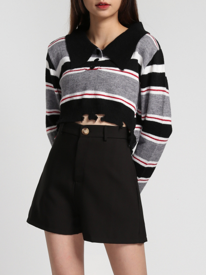 Stripe Collar Long Sleeve Top 27143