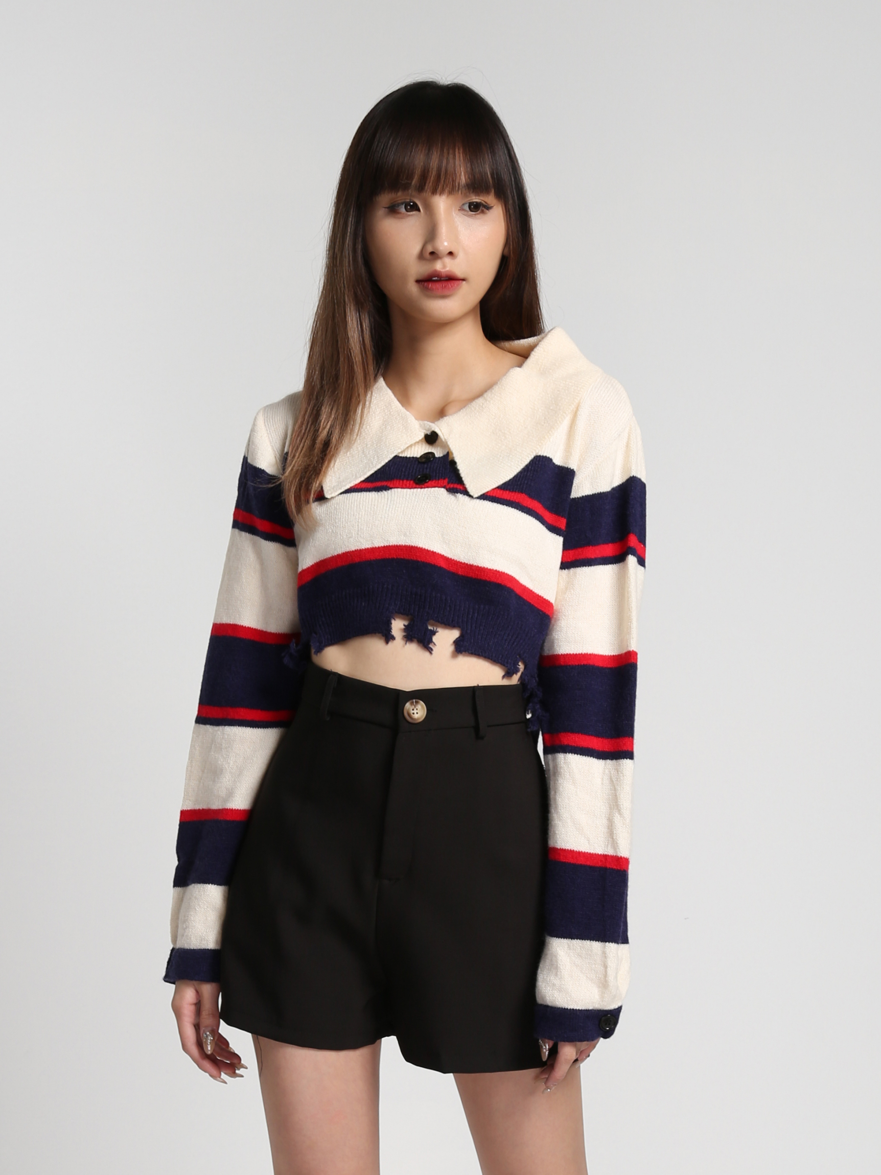 Stripe Collar Long Sleeve Top 27143