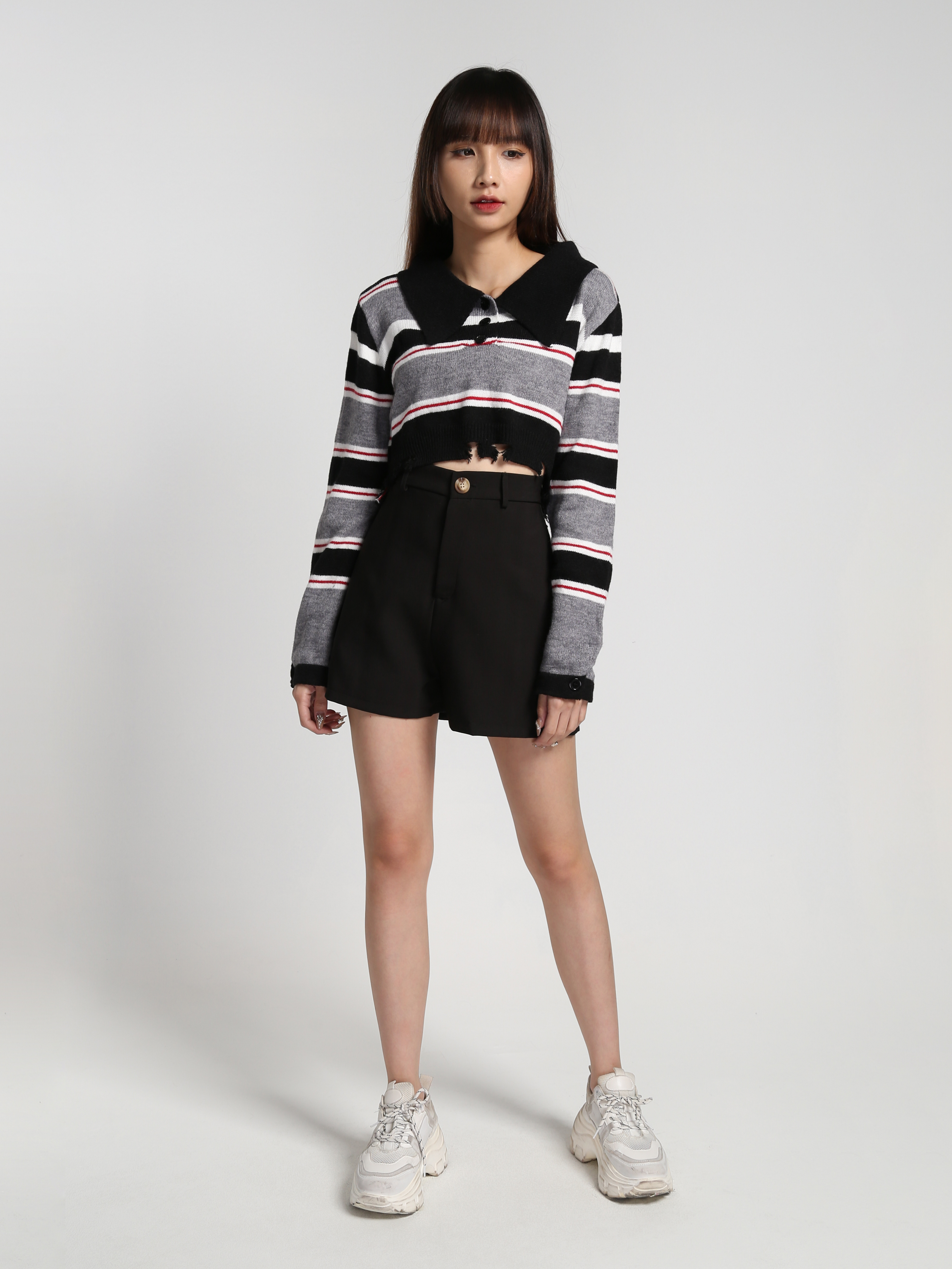 Stripe Collar Long Sleeve Top 27143