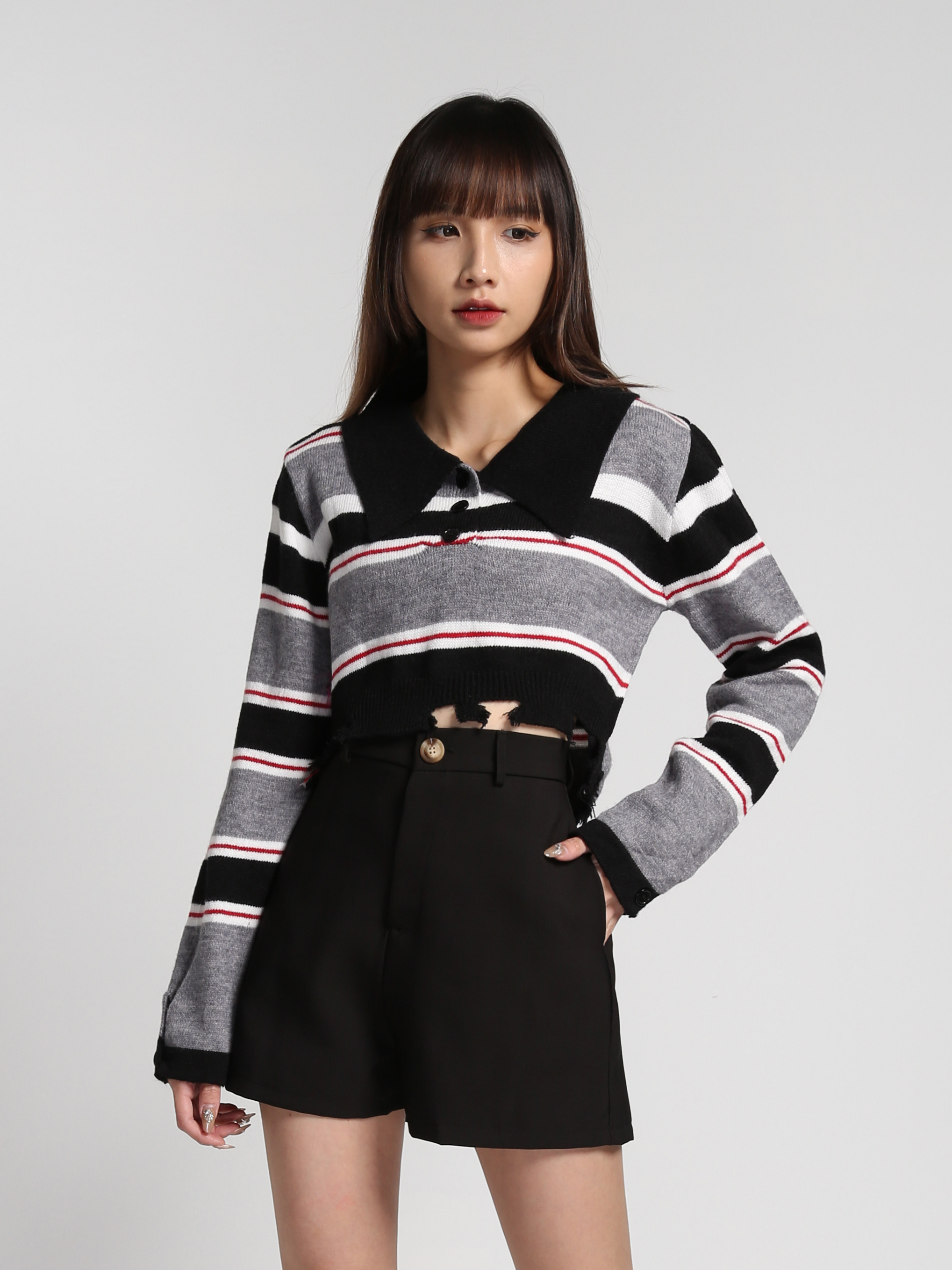Stripe Collar Long Sleeve Top 27143