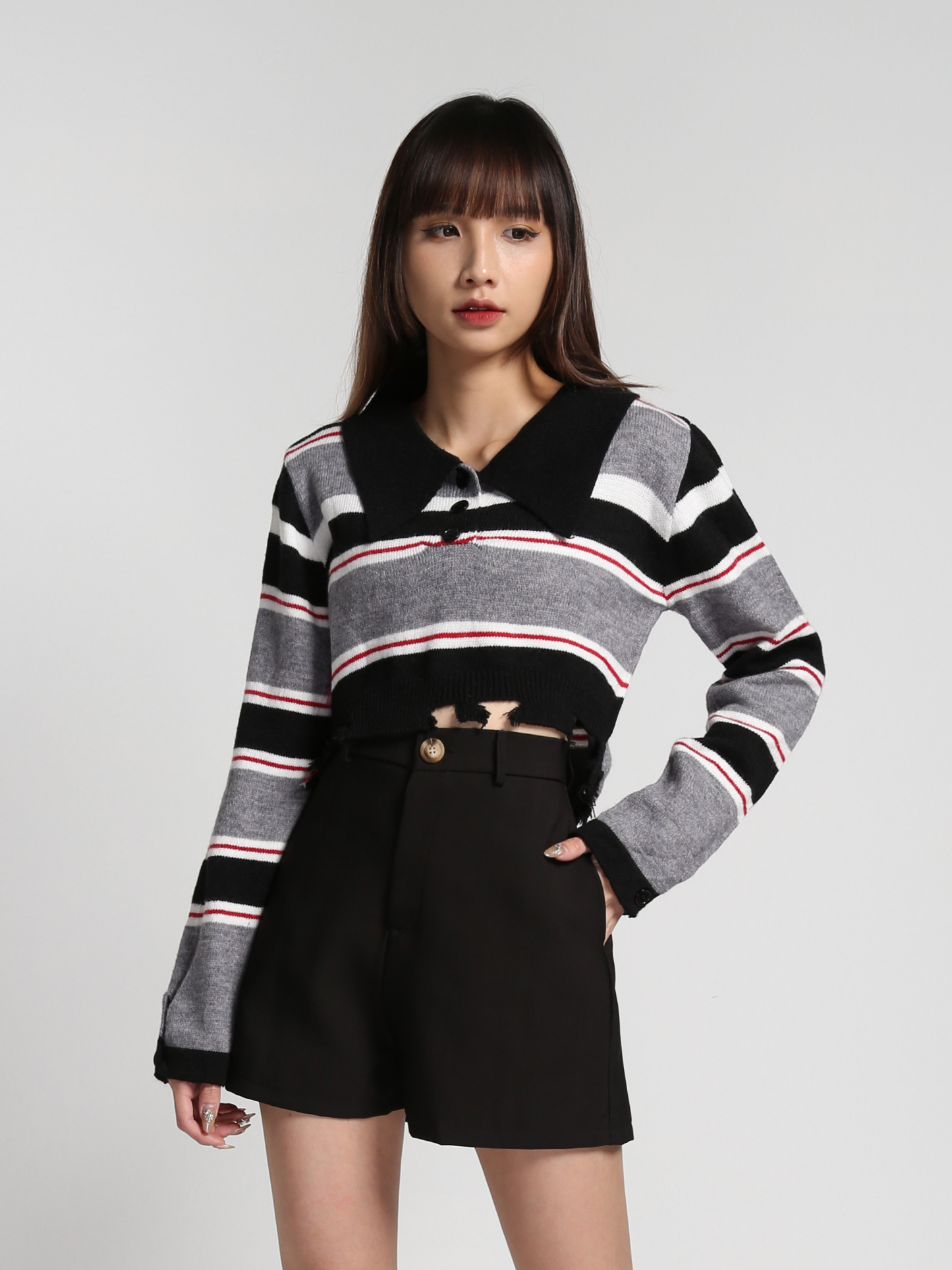 Stripe Collar Long Sleeve Top 27143