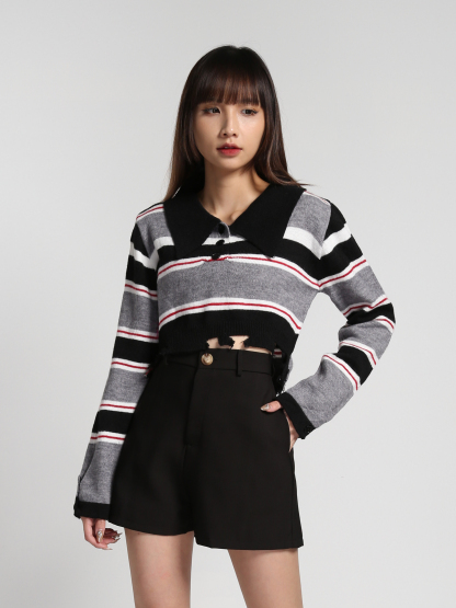 Stripe Collar Long Sleeve Top 27143