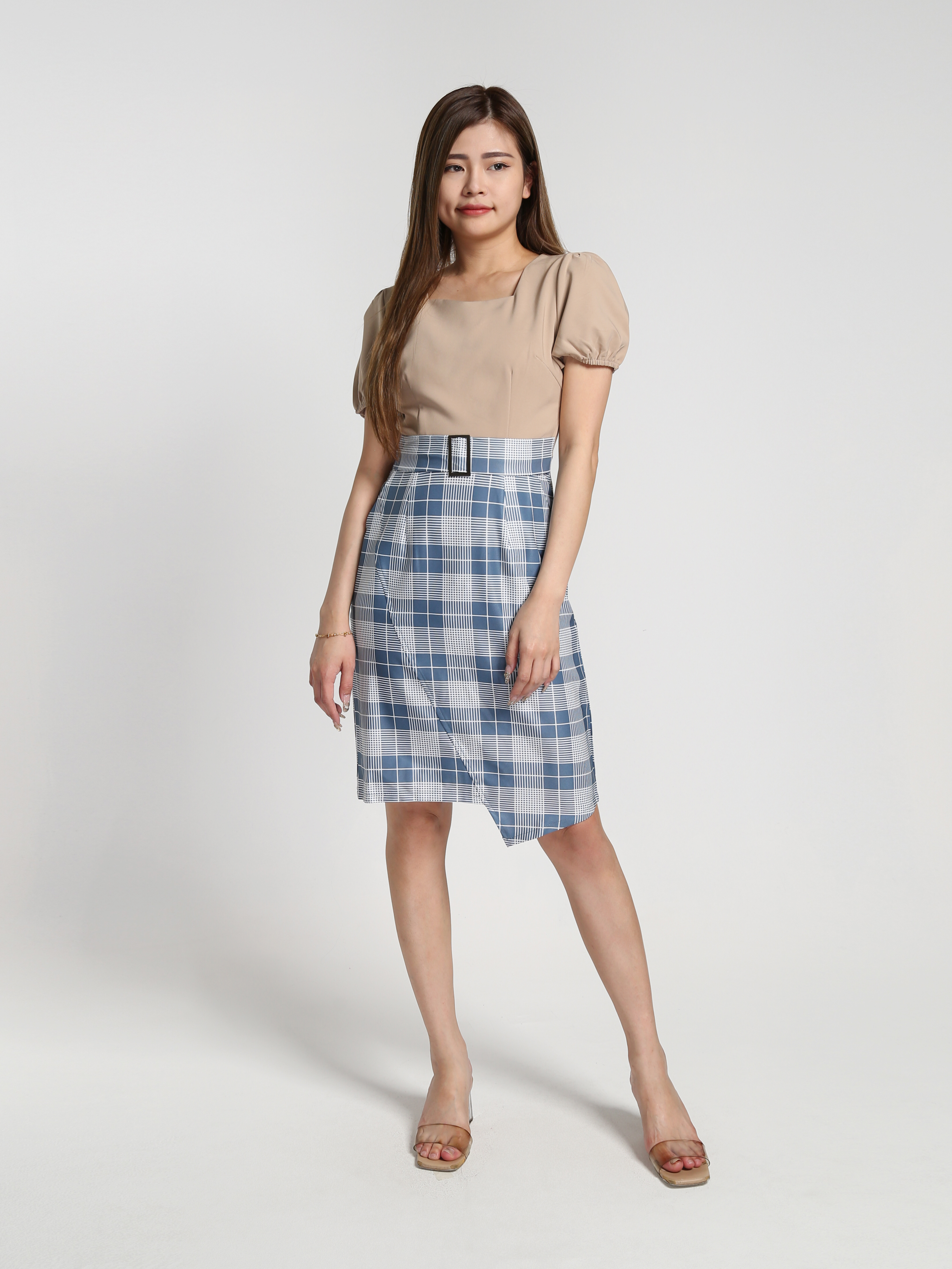 Two Tone Puff Sleeve With Plaid Bottom Dress 27233