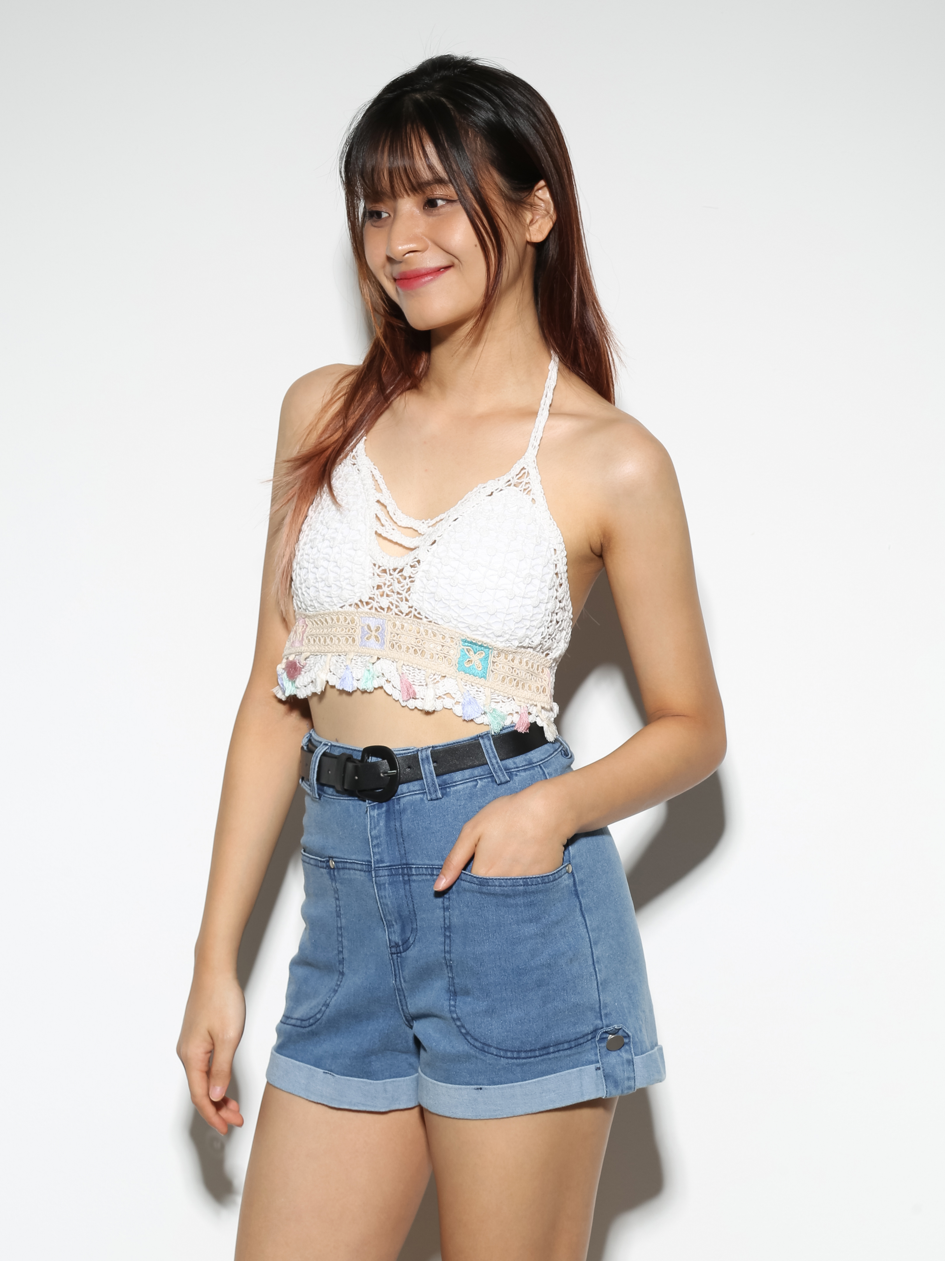 Knitted Eyelet Halter Tie Up Top 27258