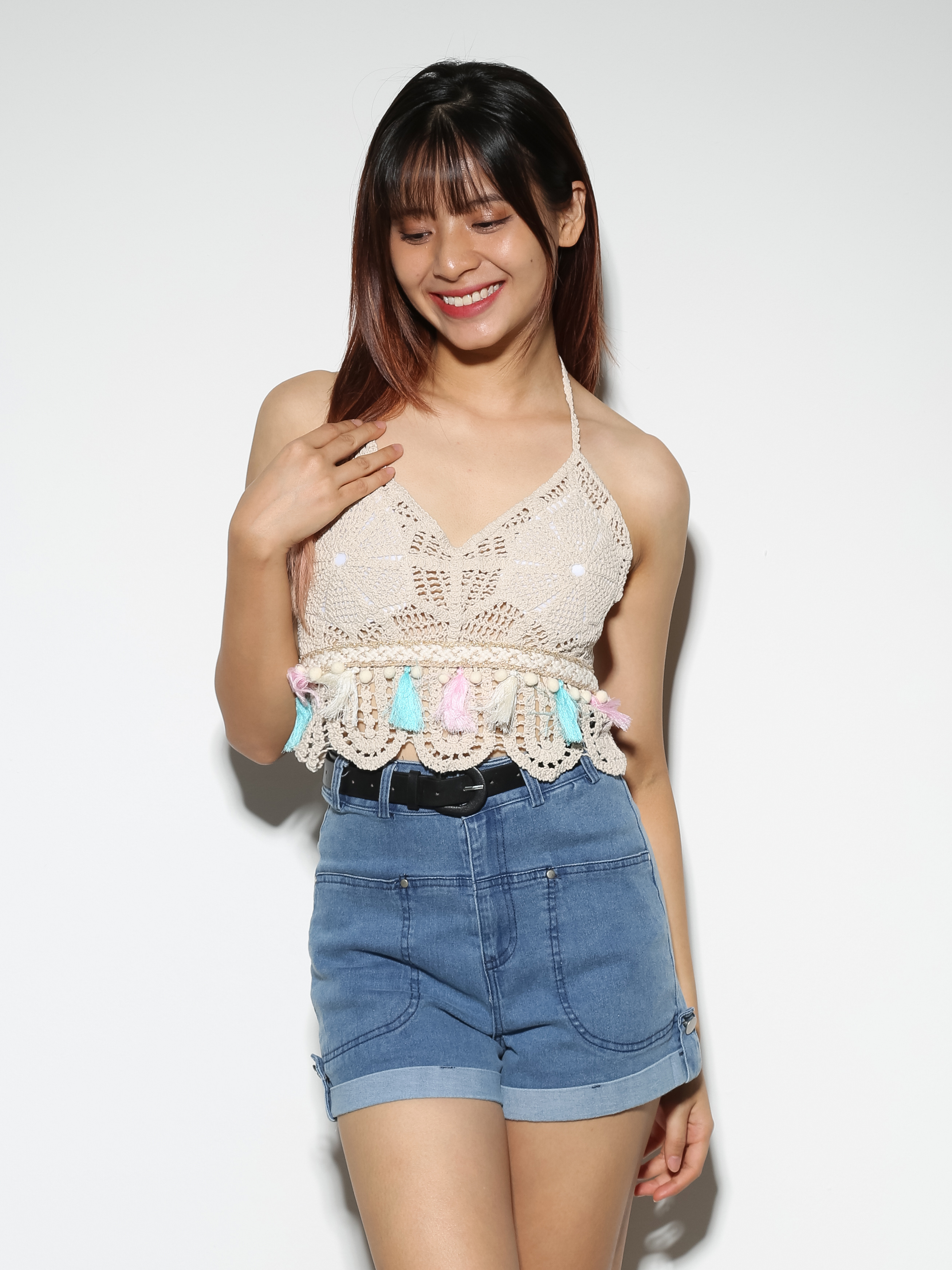 Knitted Eyelet Halter Tie Up Top 27258