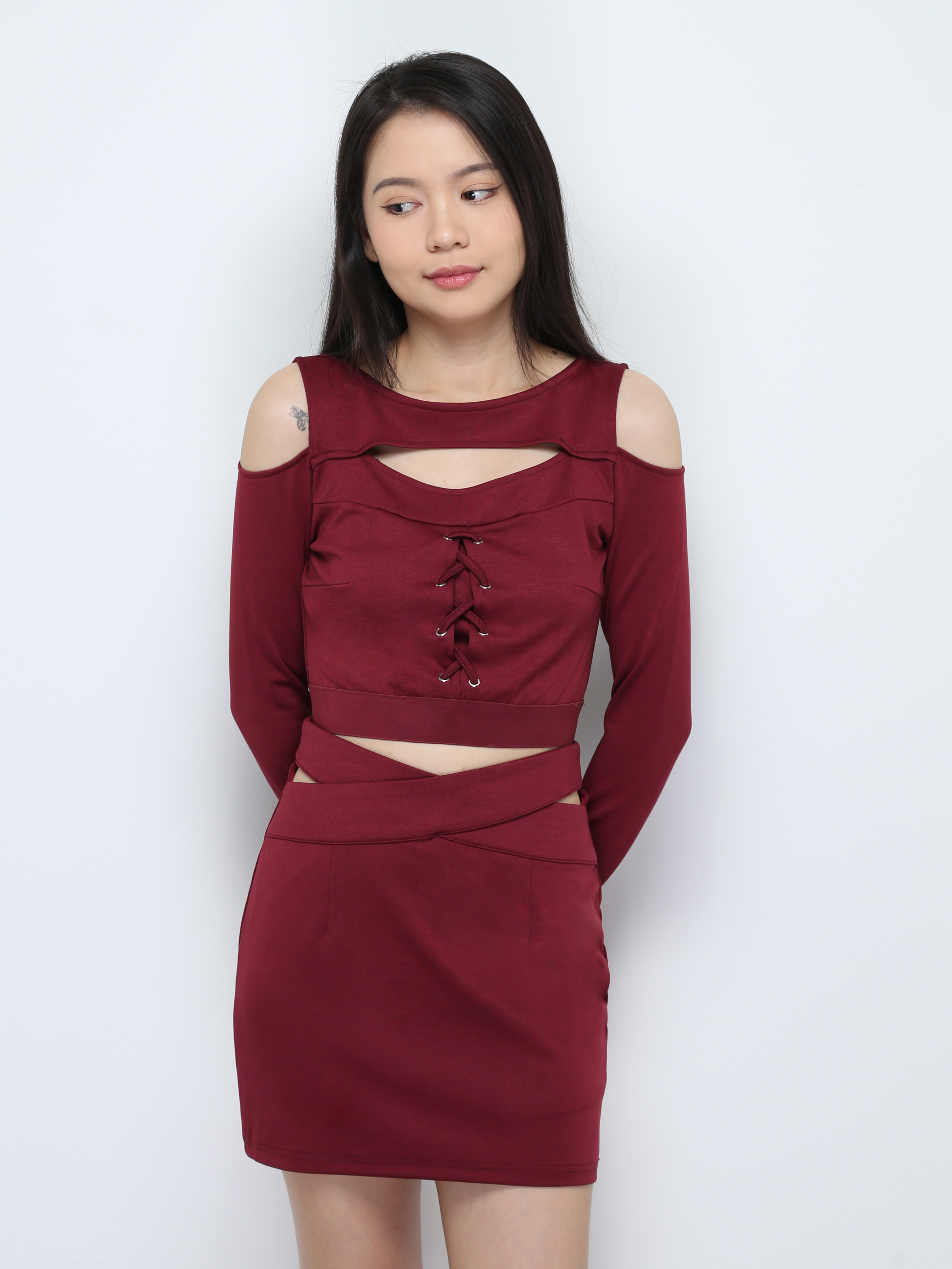 Two Piece Shoulder Hole Long Sleeve Top With Strap Skirt Set 27265