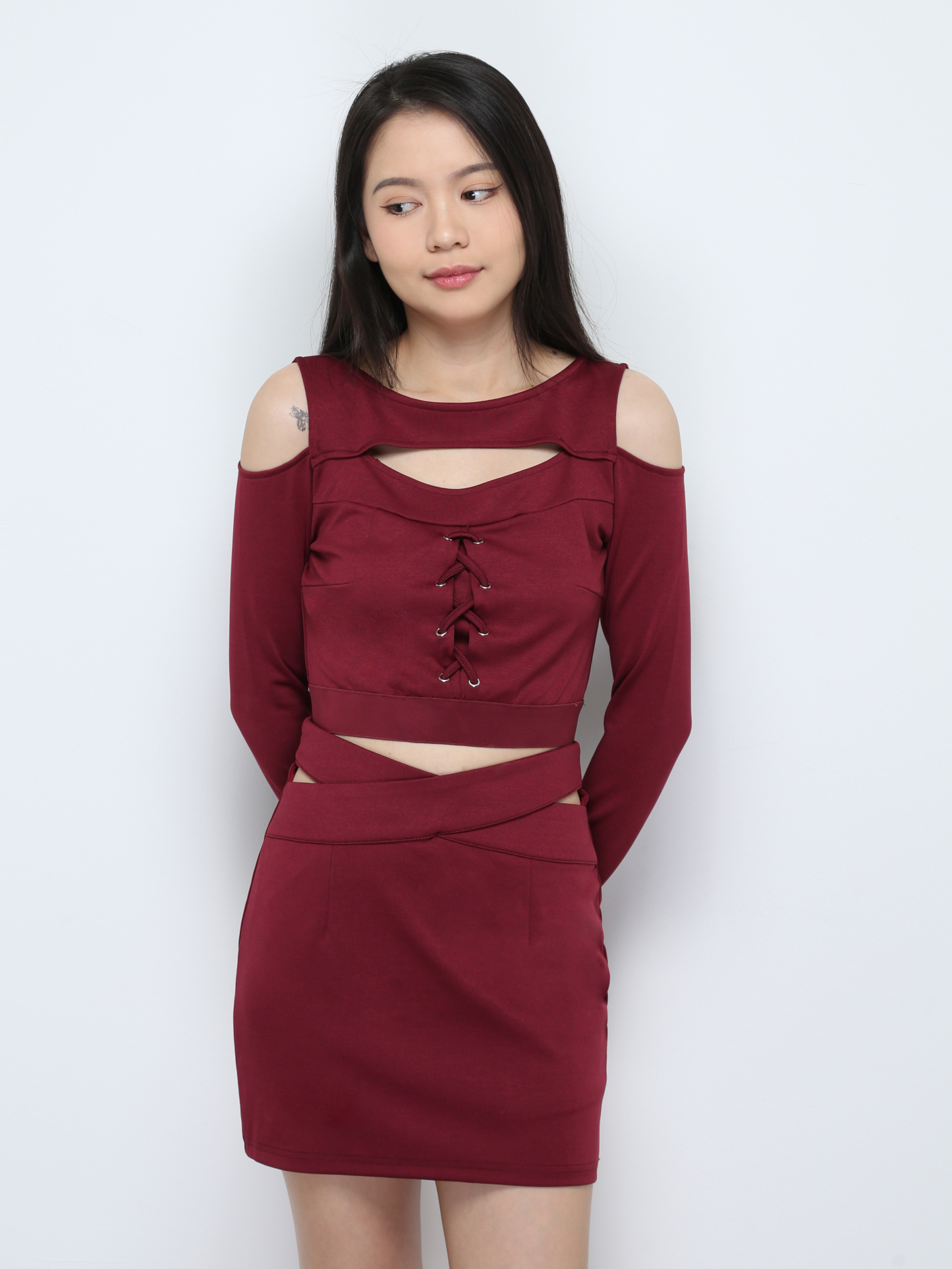 Two Piece Shoulder Hole Long Sleeve Top With Strap Skirt Set 27265