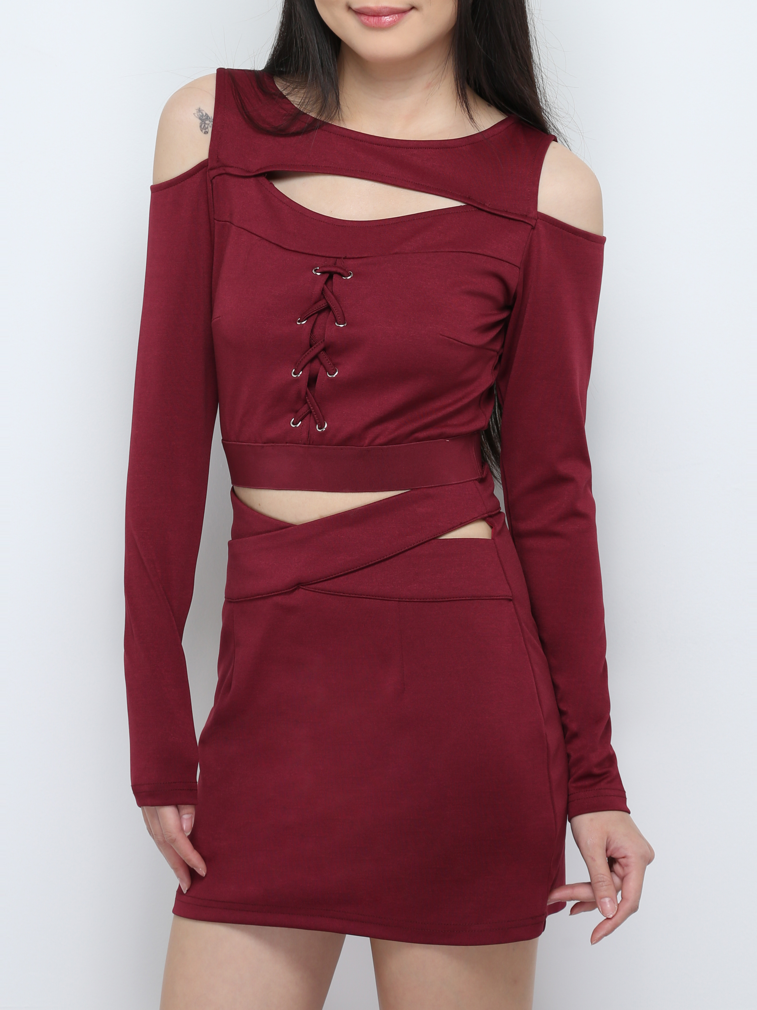 Two Piece Shoulder Hole Long Sleeve Top With Strap Skirt Set 27265