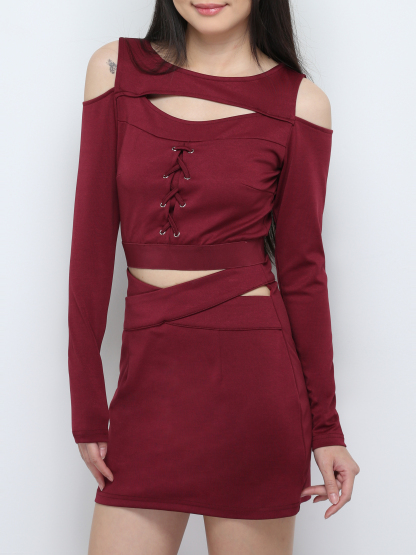 Two Piece Shoulder Hole Long Sleeve Top With Strap Skirt Set 27265