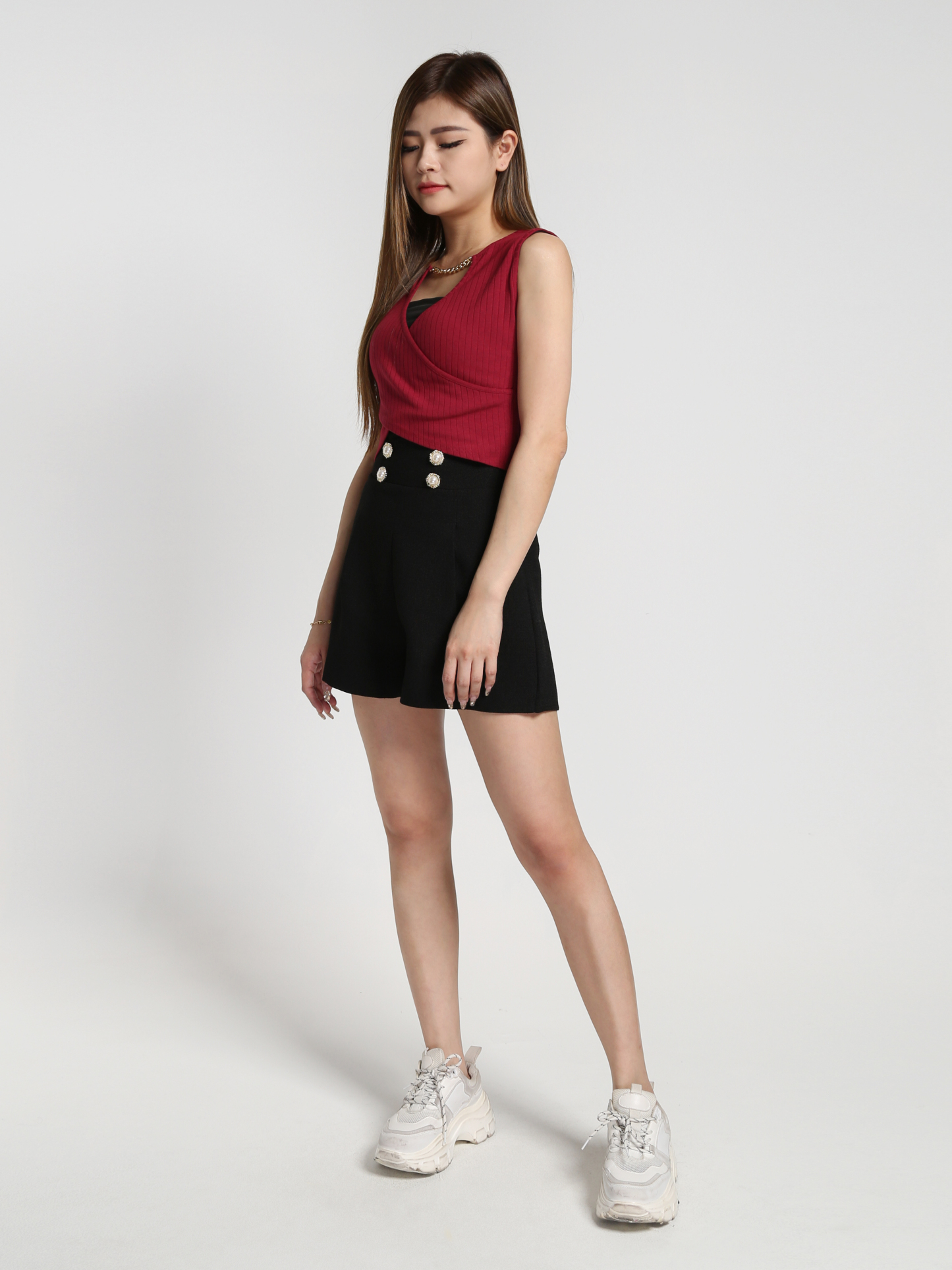 Sleeveless Wrap With Decorative Gold Button Top 27270