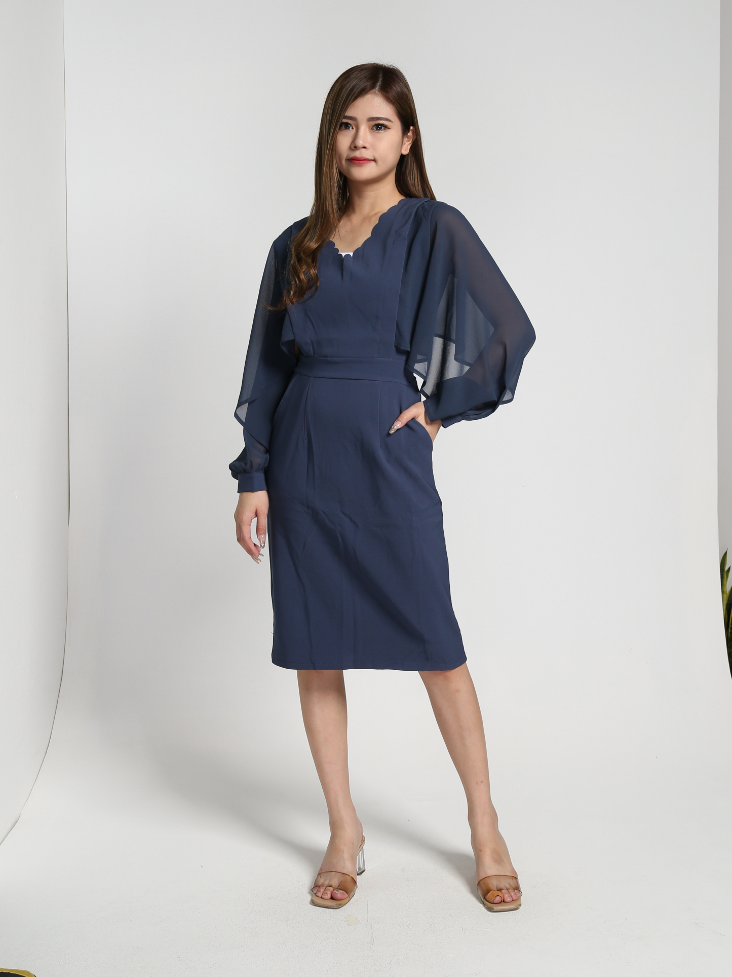 V Neck With Net Long SLeeve Dress 27289