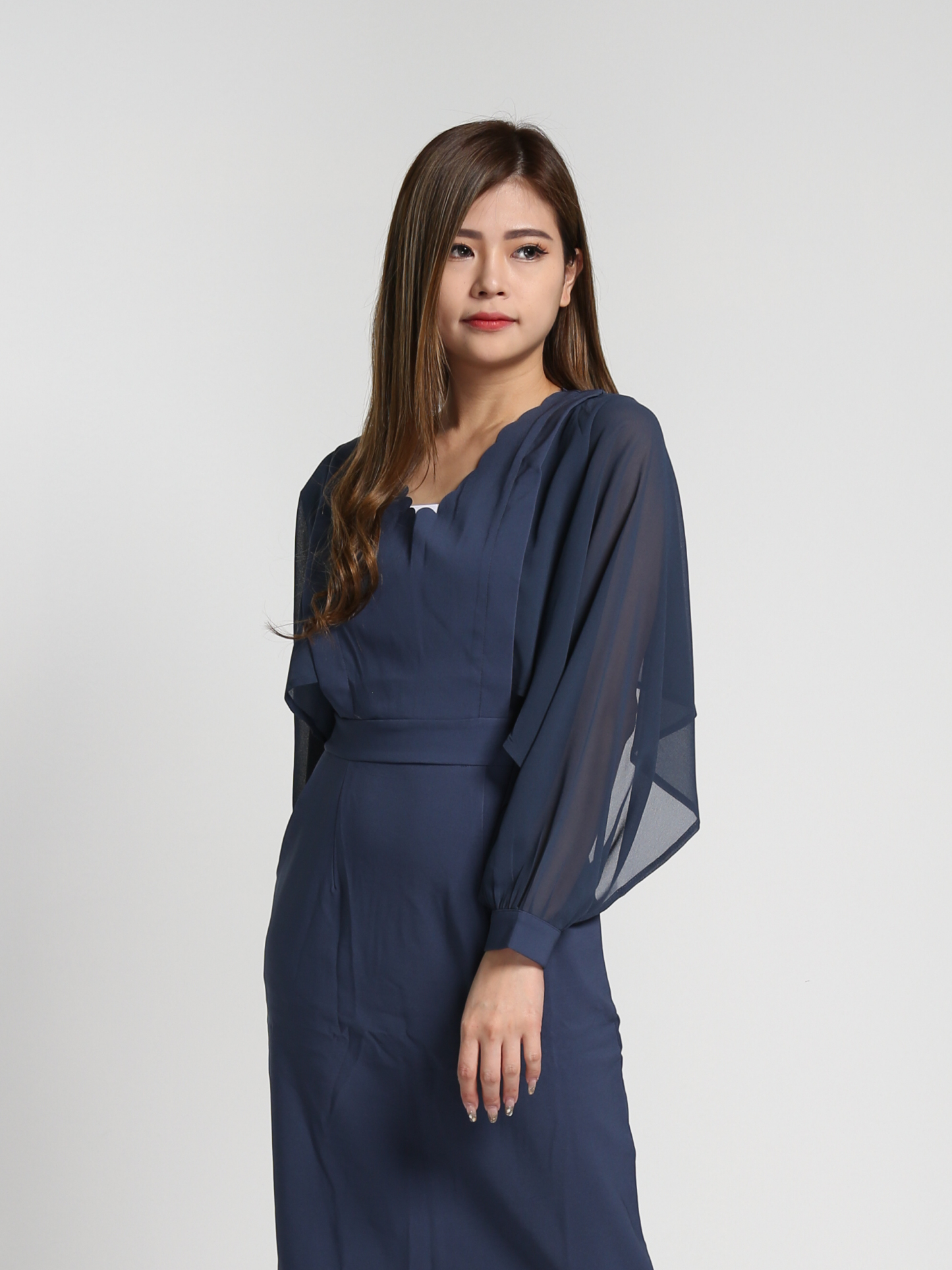 V Neck With Net Long SLeeve Dress 27289