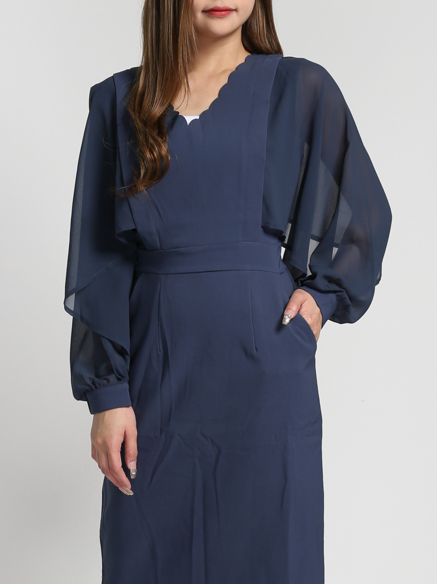 V Neck With Net Long SLeeve Dress 27289