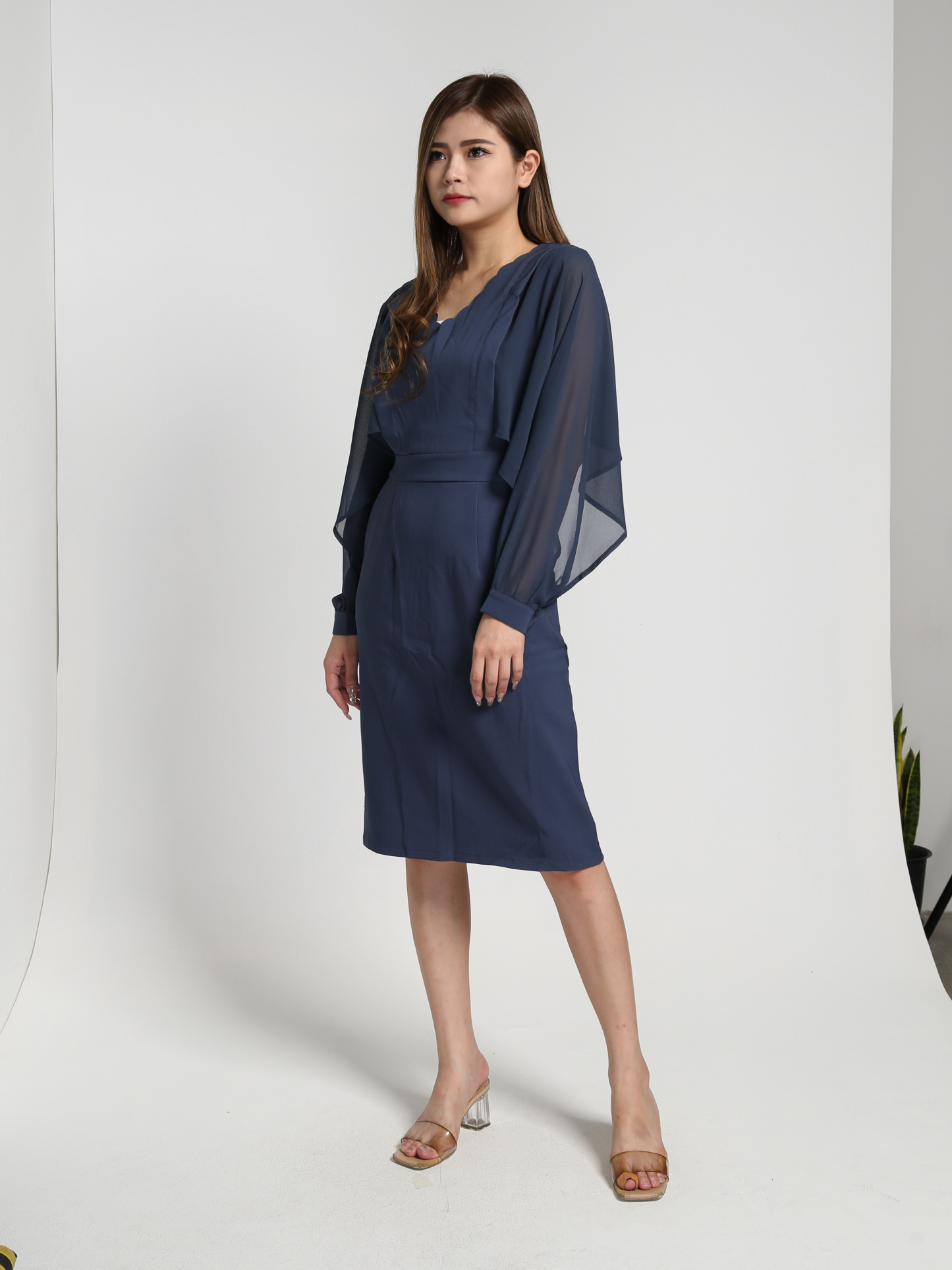 V Neck With Net Long SLeeve Dress 27289
