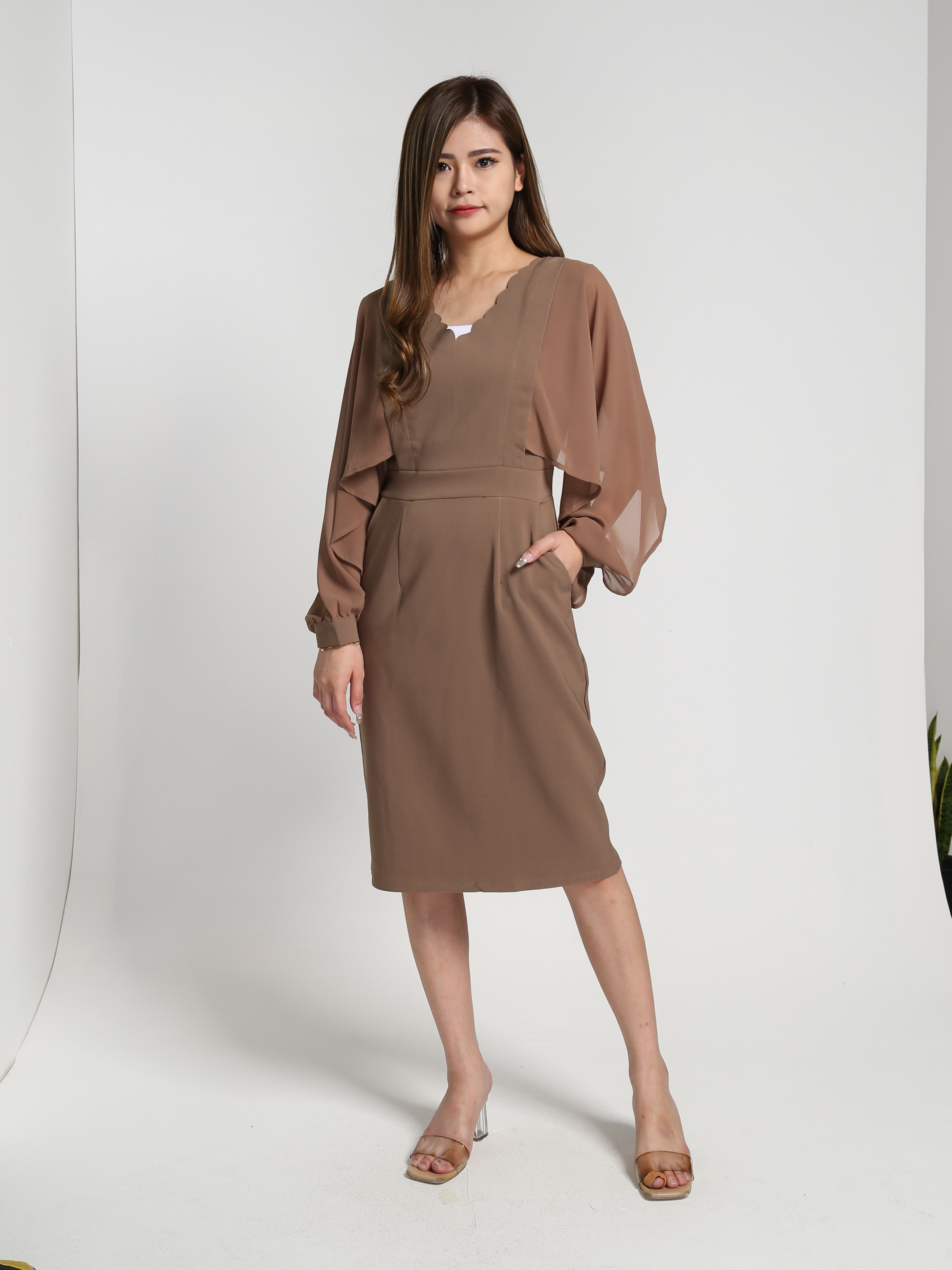 V Neck With Net Long SLeeve Dress 27289