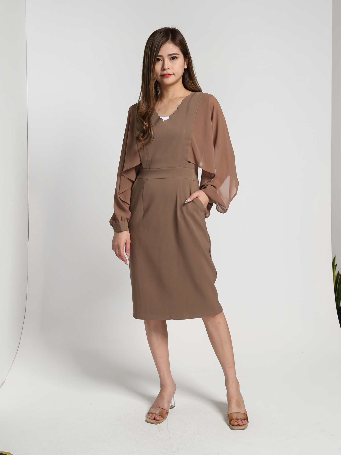 V Neck With Net Long SLeeve Dress 27289