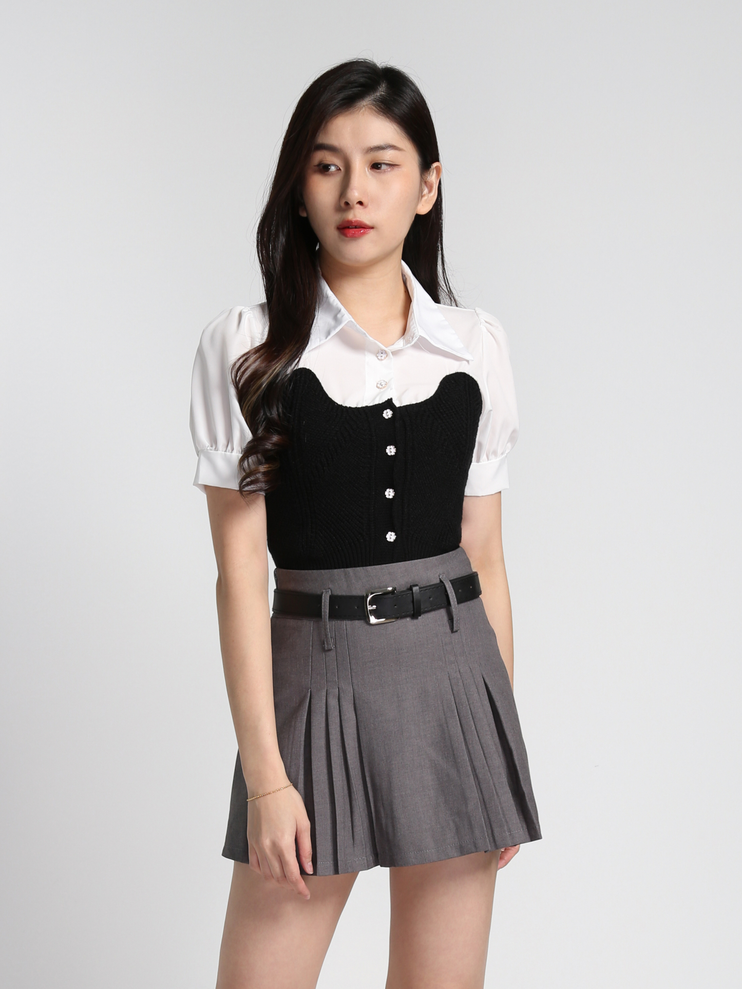High Waist Pleated With Belt Skirt 27340