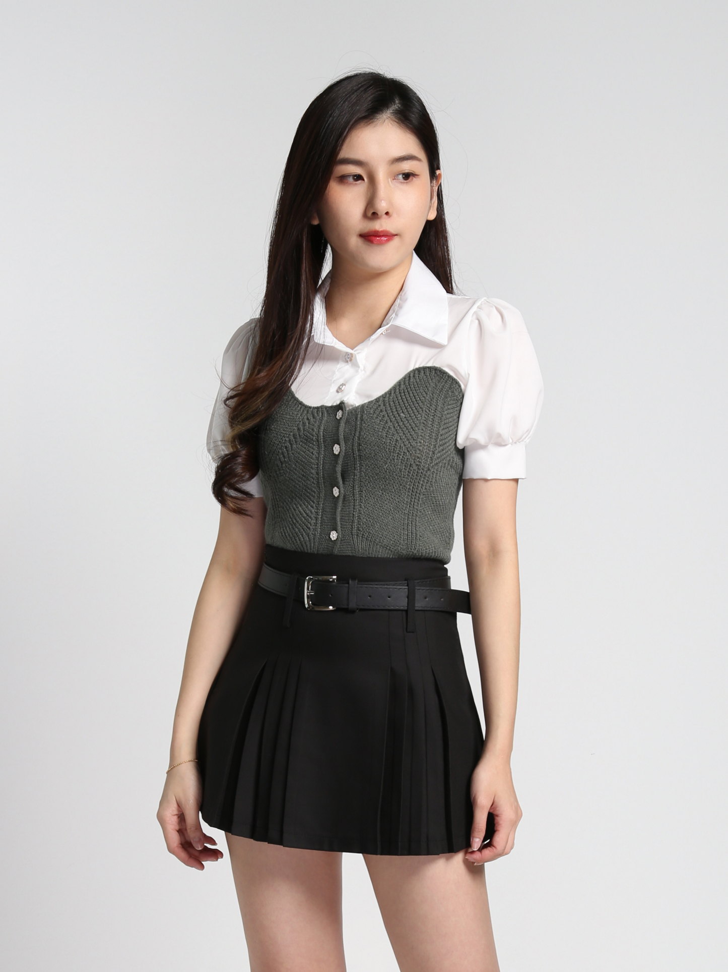 High Waist Pleated With Belt Skirt 27340