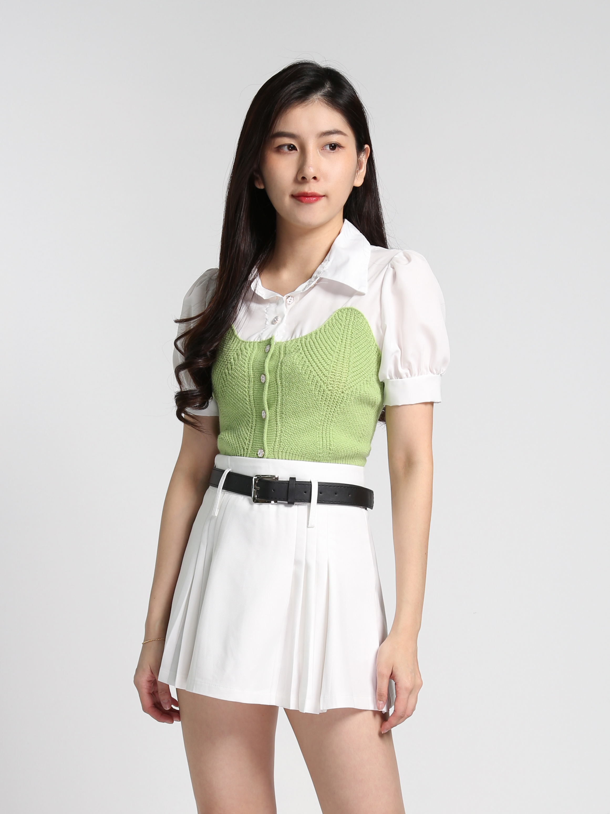 High Waist Pleated With Belt Skirt 27340