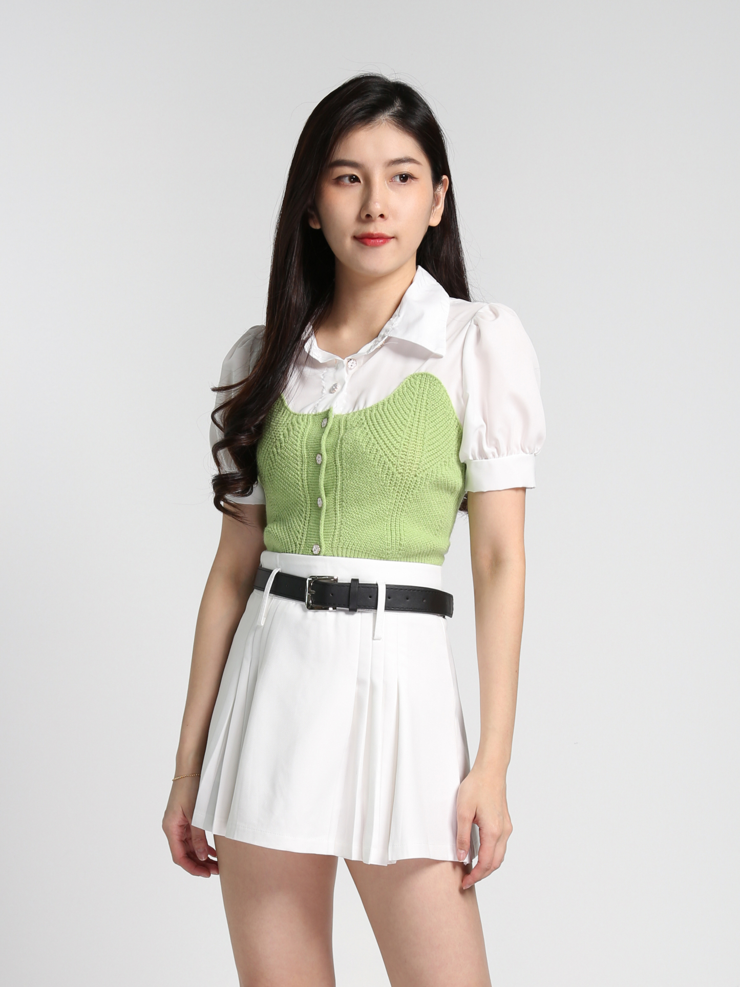 High Waist Pleated With Belt Skirt 27340
