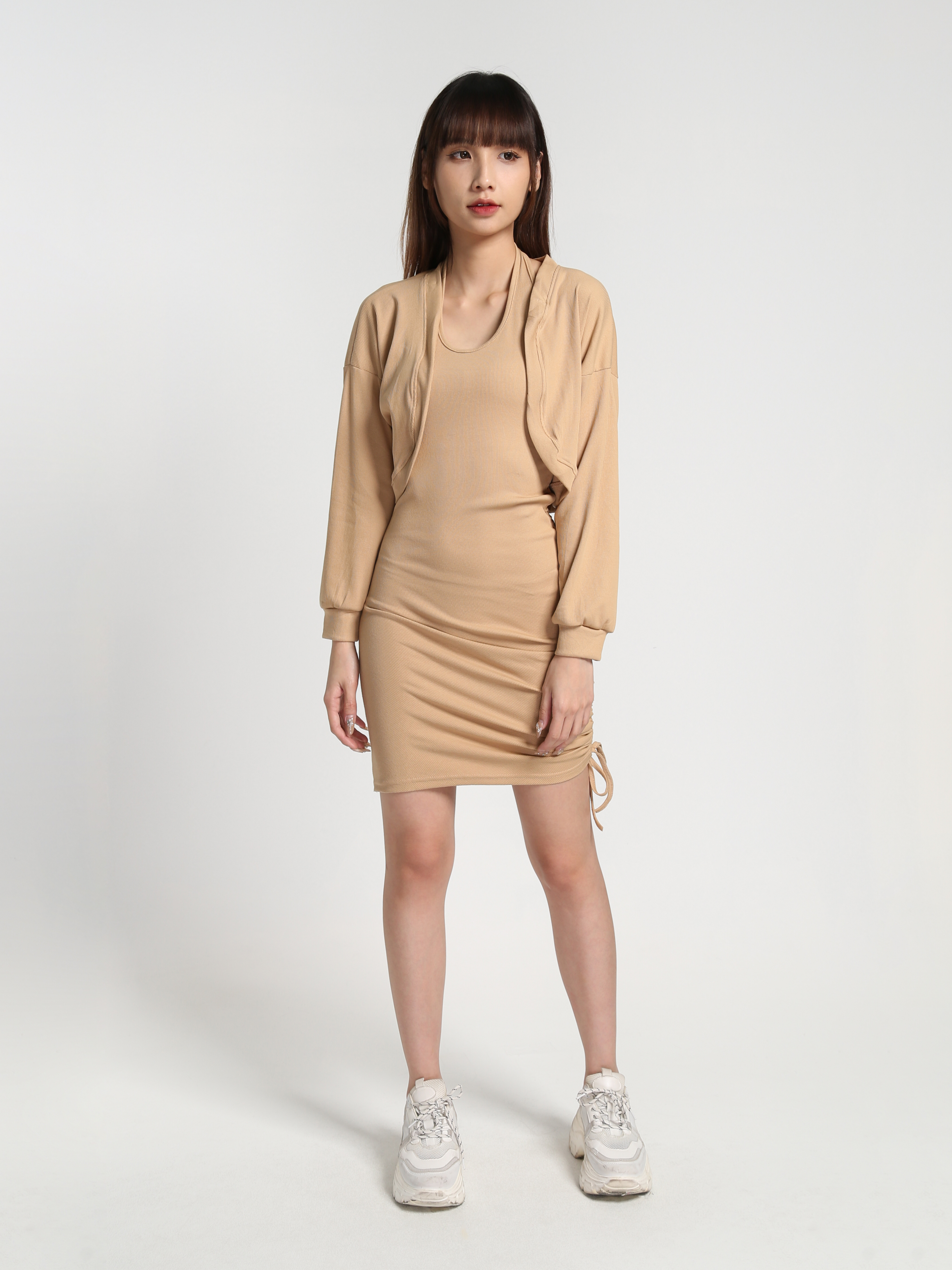 Halter With Side Drawstring Dress With Outerwear Set 27383