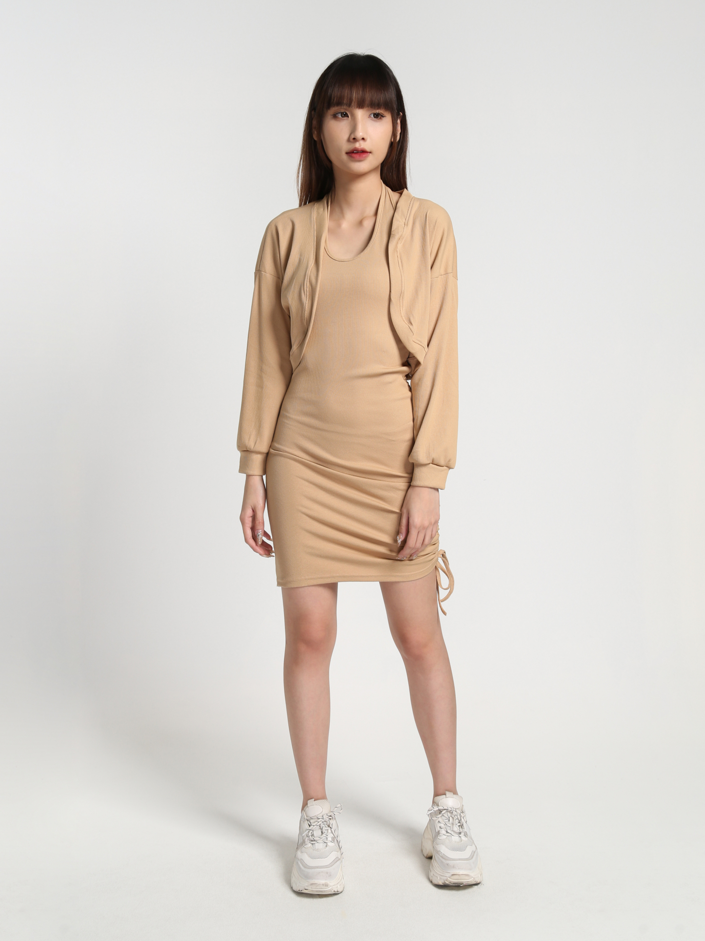 Halter With Side Drawstring Dress With Outerwear Set 27383