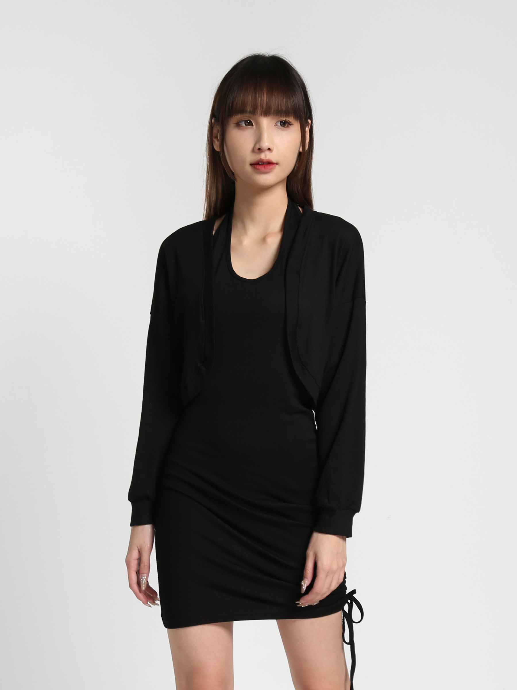 Halter With Side Drawstring Dress With Outerwear Set 27383