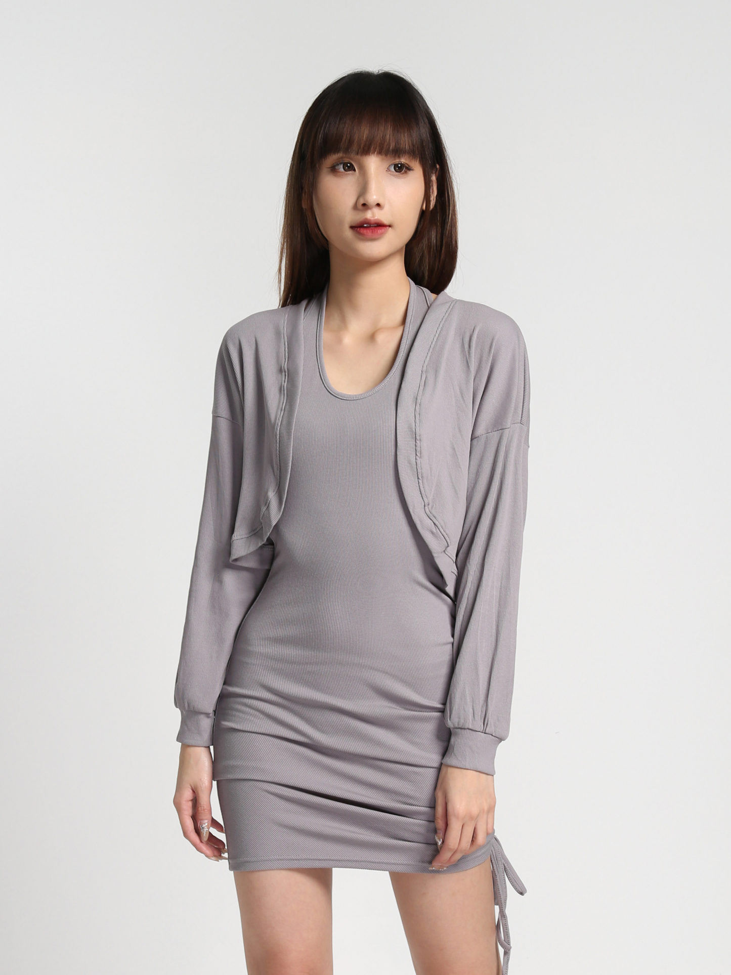 Halter With Side Drawstring Dress With Outerwear Set 27383