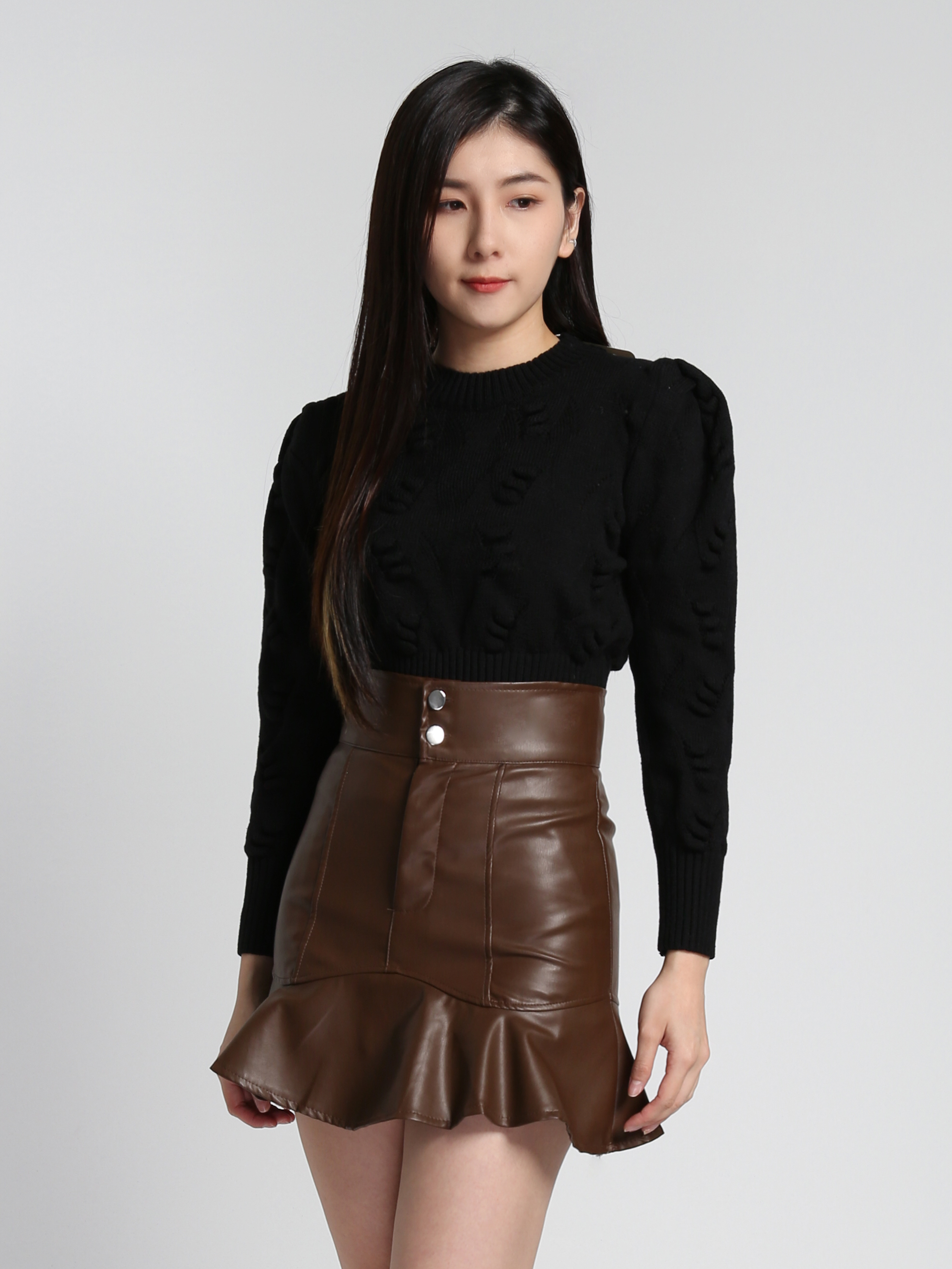 High Waist Leather Ruffles Skirt 26787