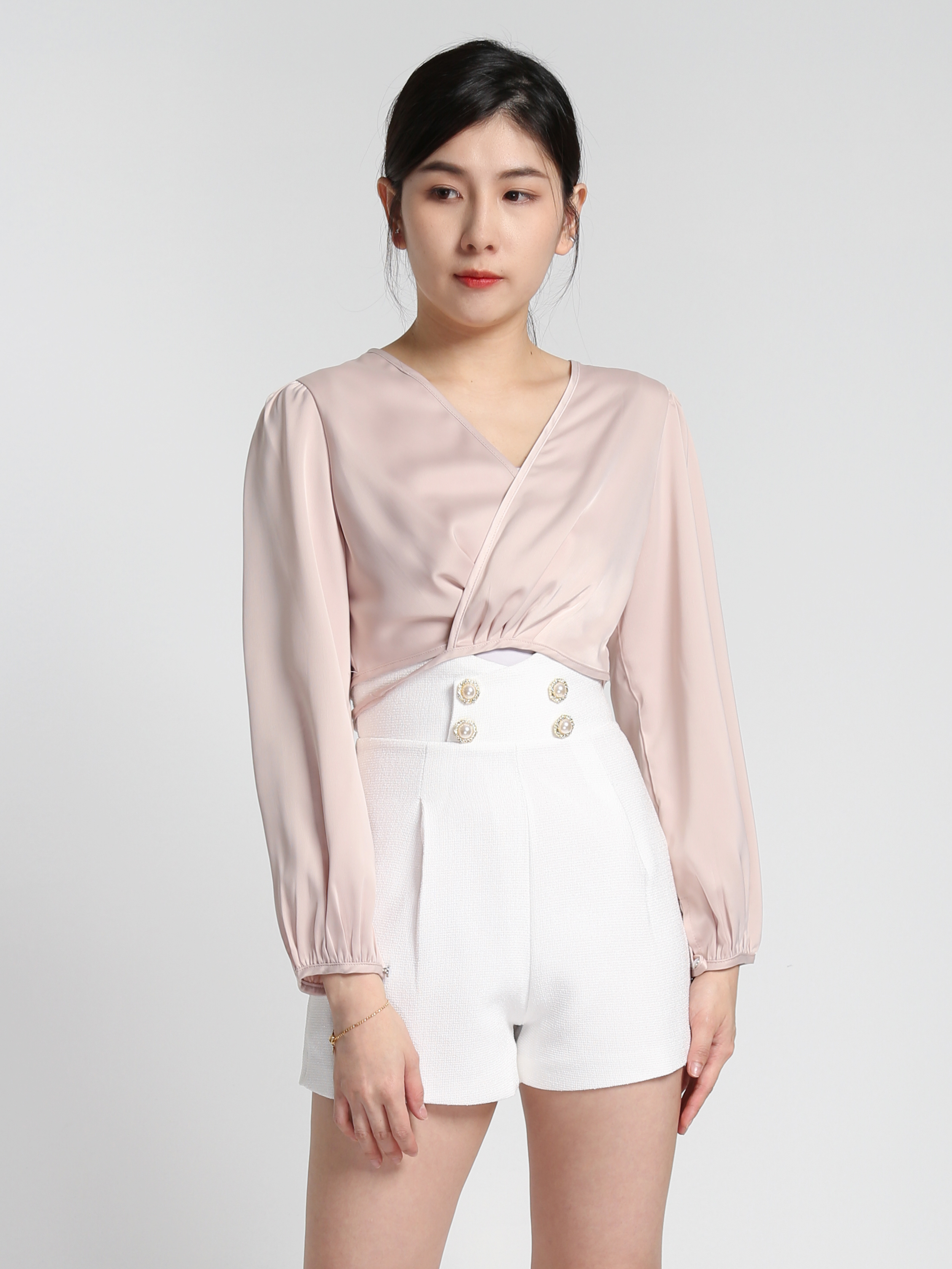 Satin V Neck Wrap Long Sleeve Blouse 27547 (SO)