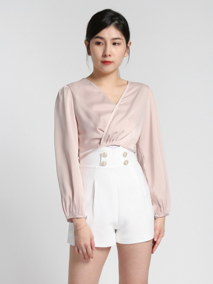 Satin V Neck Wrap Long Sleeve Blouse 27547 (SO)