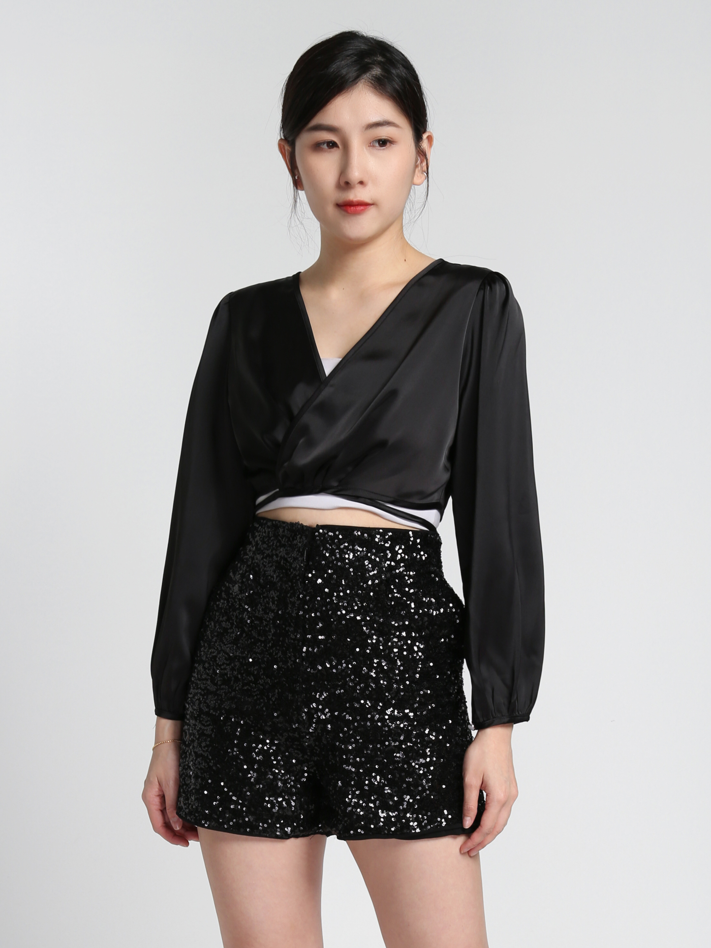 Satin V Neck Wrap Long Sleeve Blouse 27547 (SO)