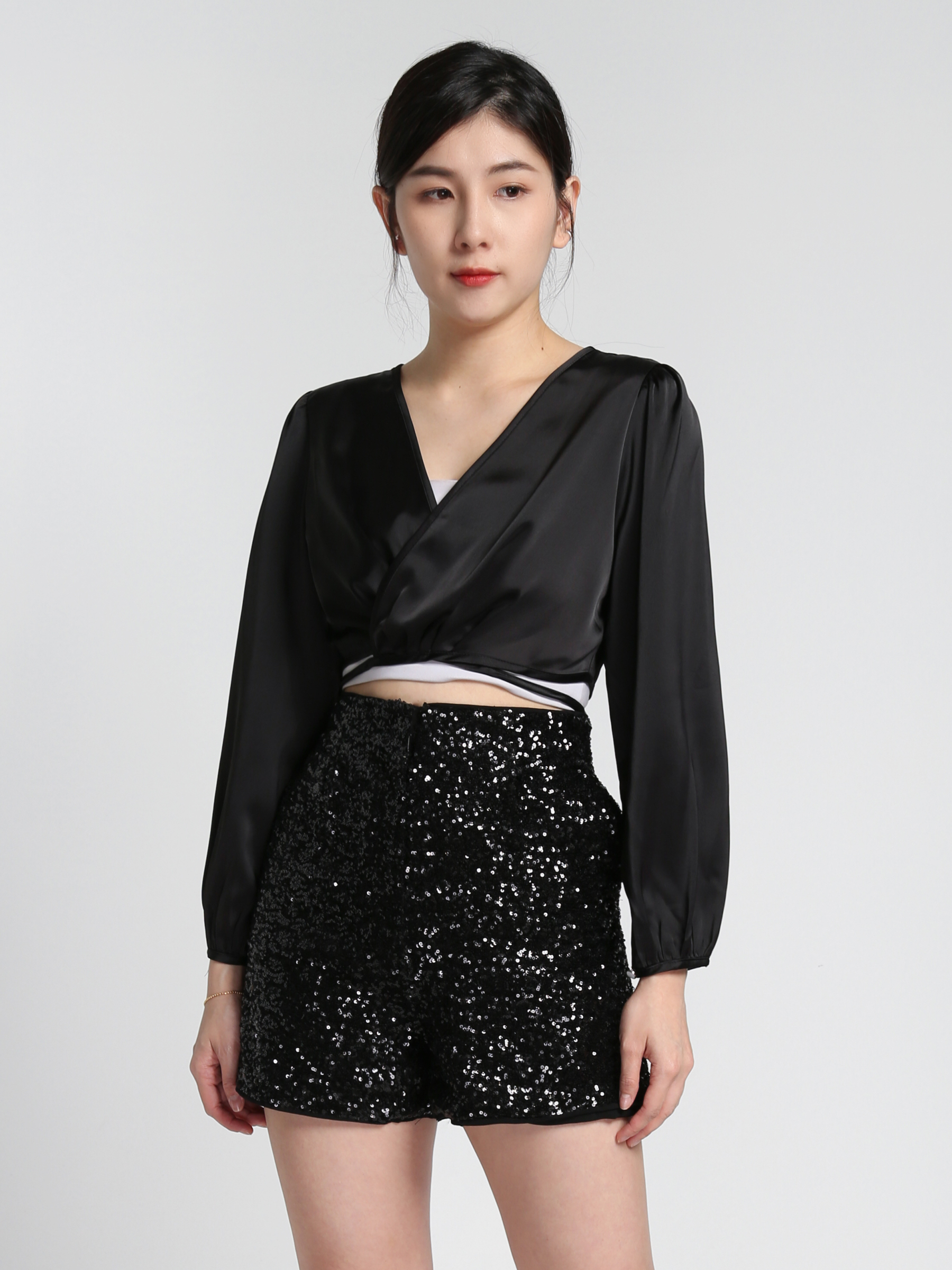 Satin V Neck Wrap Long Sleeve Blouse 27547 (SO)