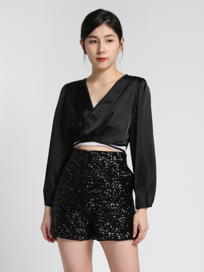 Satin V Neck Wrap Long Sleeve Blouse 27547 (SO)