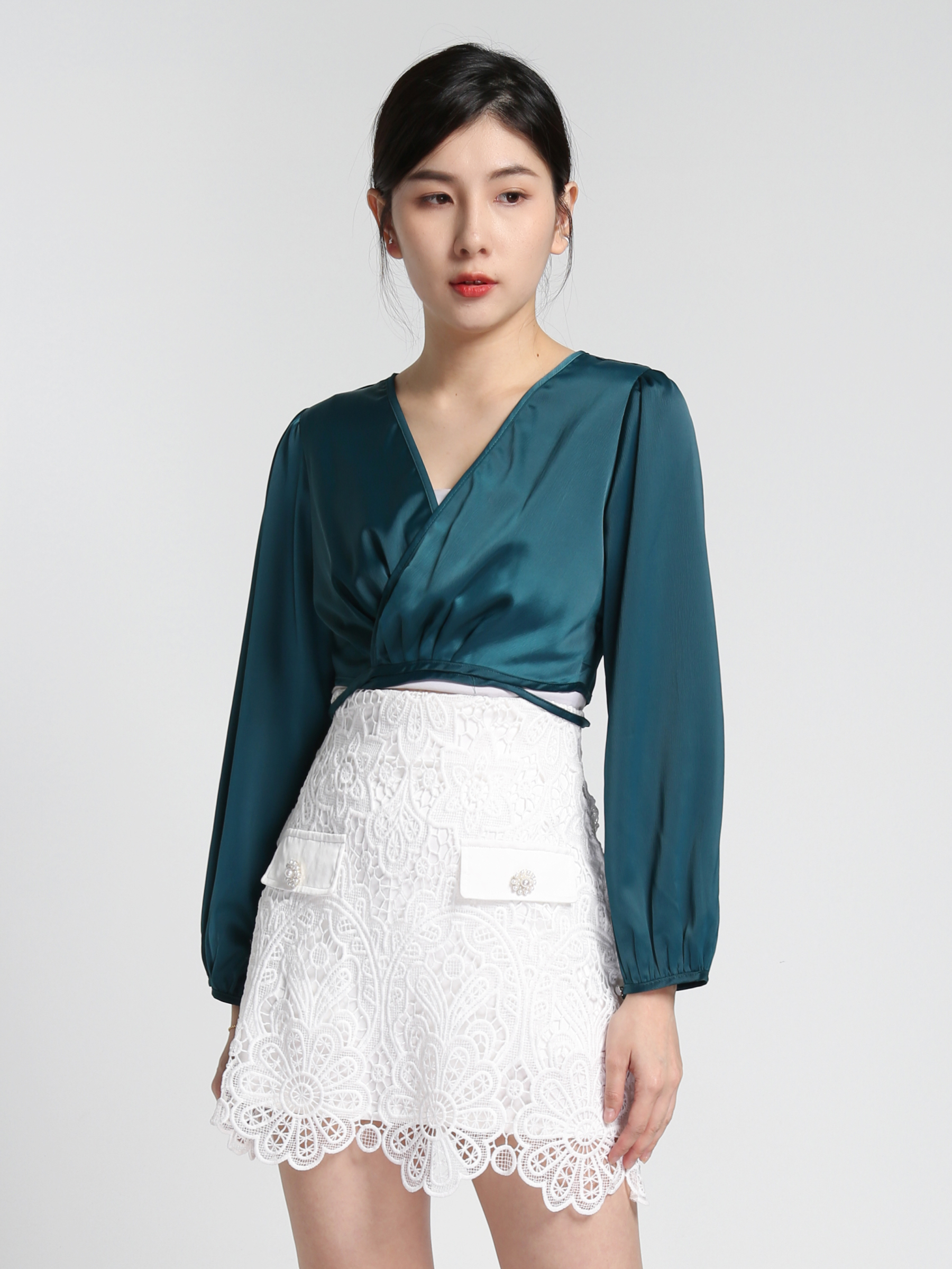 Satin V Neck Wrap Long Sleeve Blouse 27547 (SO)