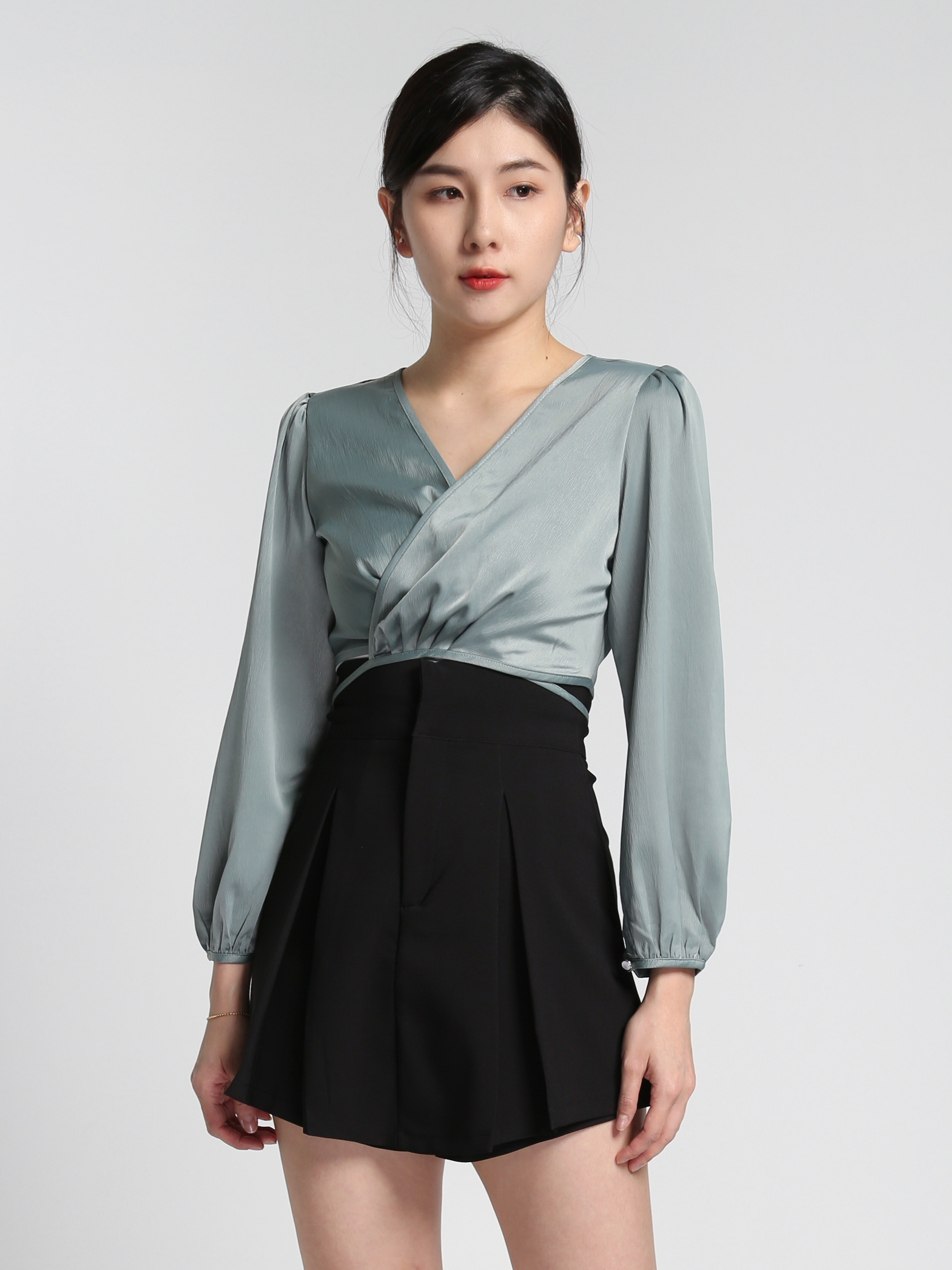 Satin V Neck Wrap Long Sleeve Blouse 27547 (SO)