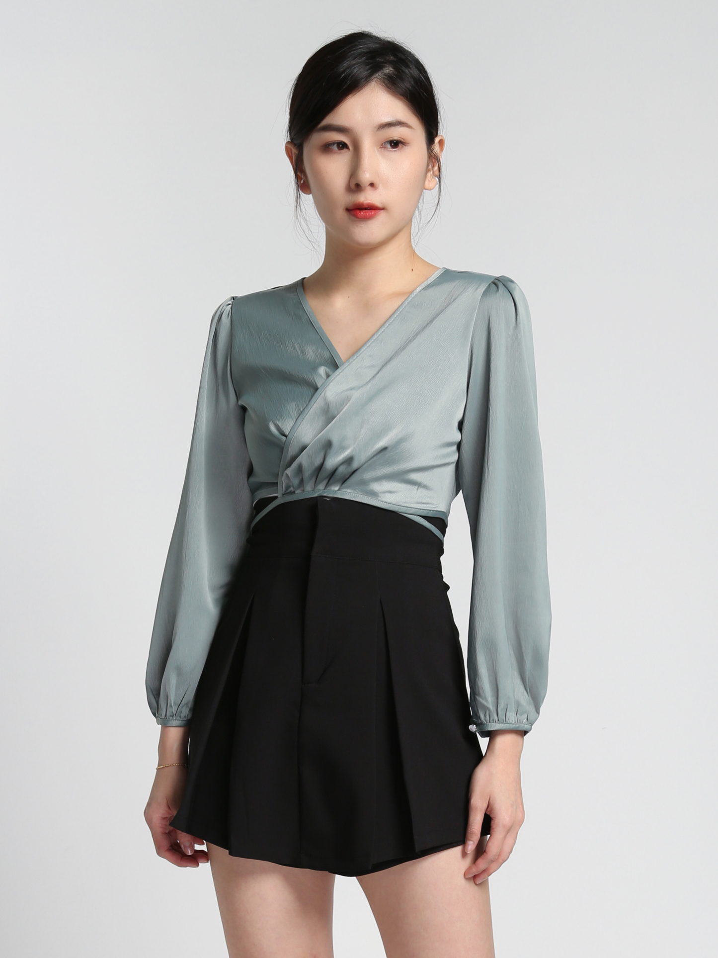 Satin V Neck Wrap Long Sleeve Blouse 27547 (SO)