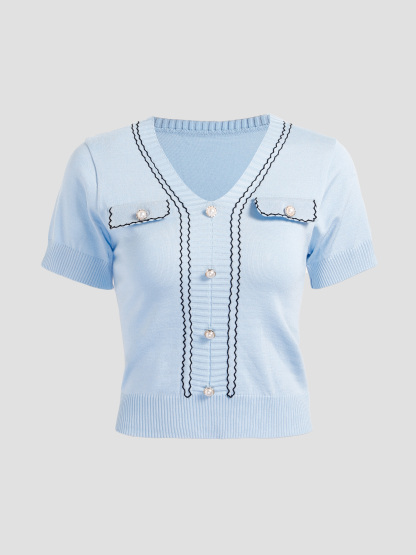 Knitted Front Decorative Button Top 27689