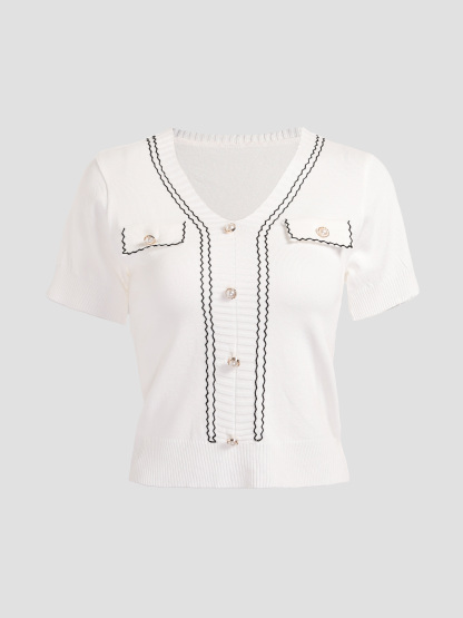 Knitted Front Decorative Button Top 27689