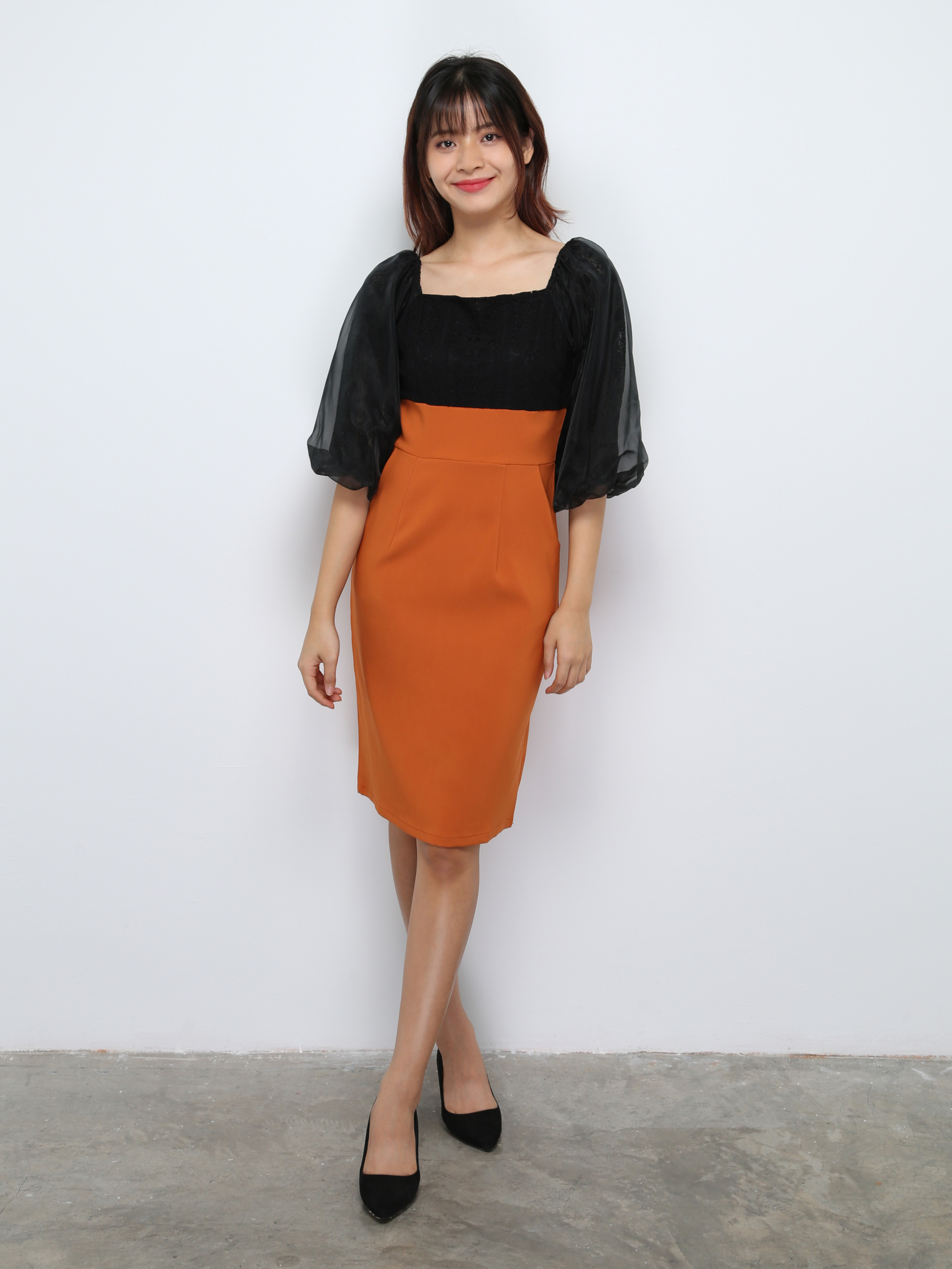 Two Tone Lace Puff Sleeve Dress 27690
