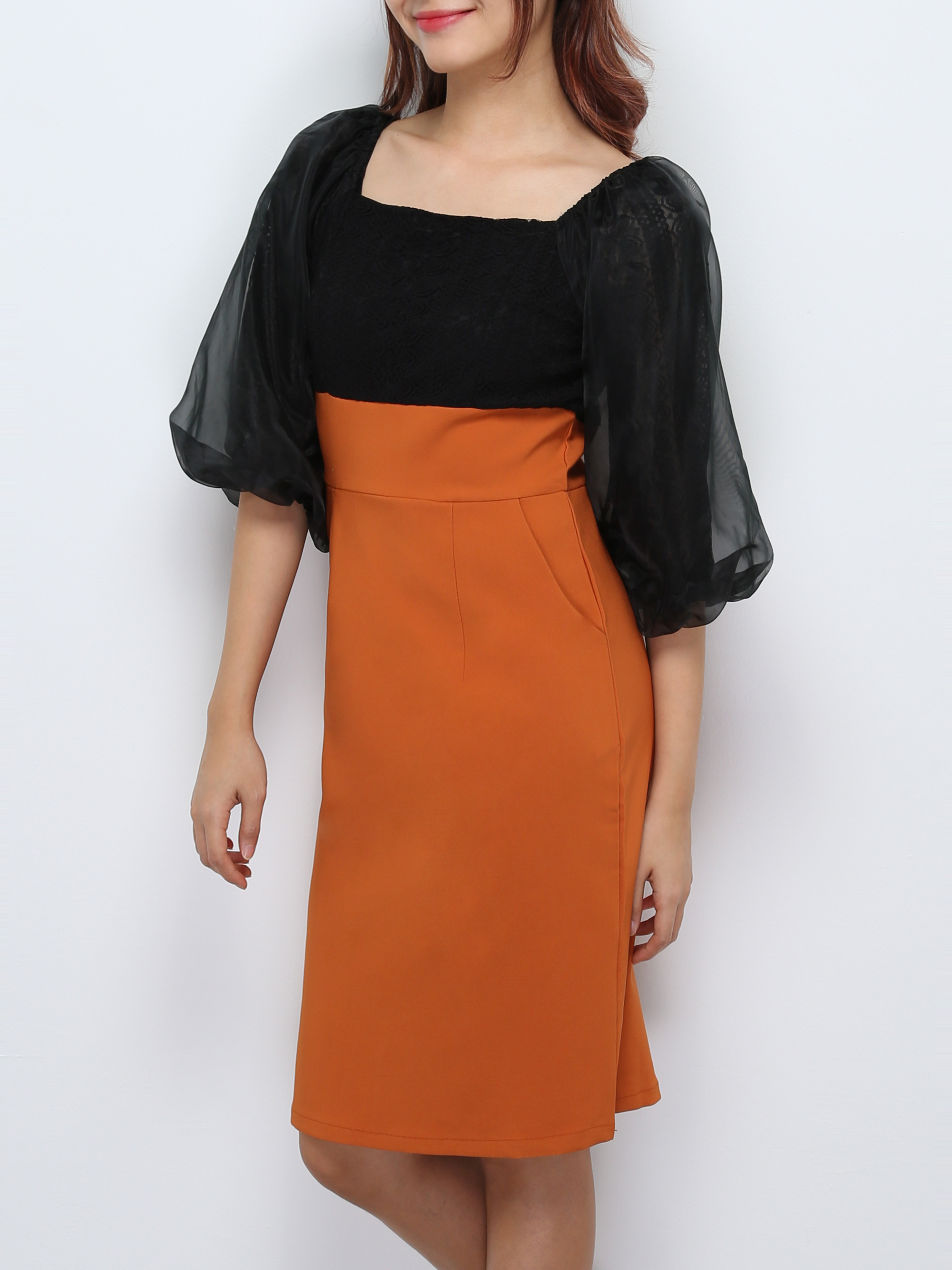 Two Tone Lace Puff Sleeve Dress 27690