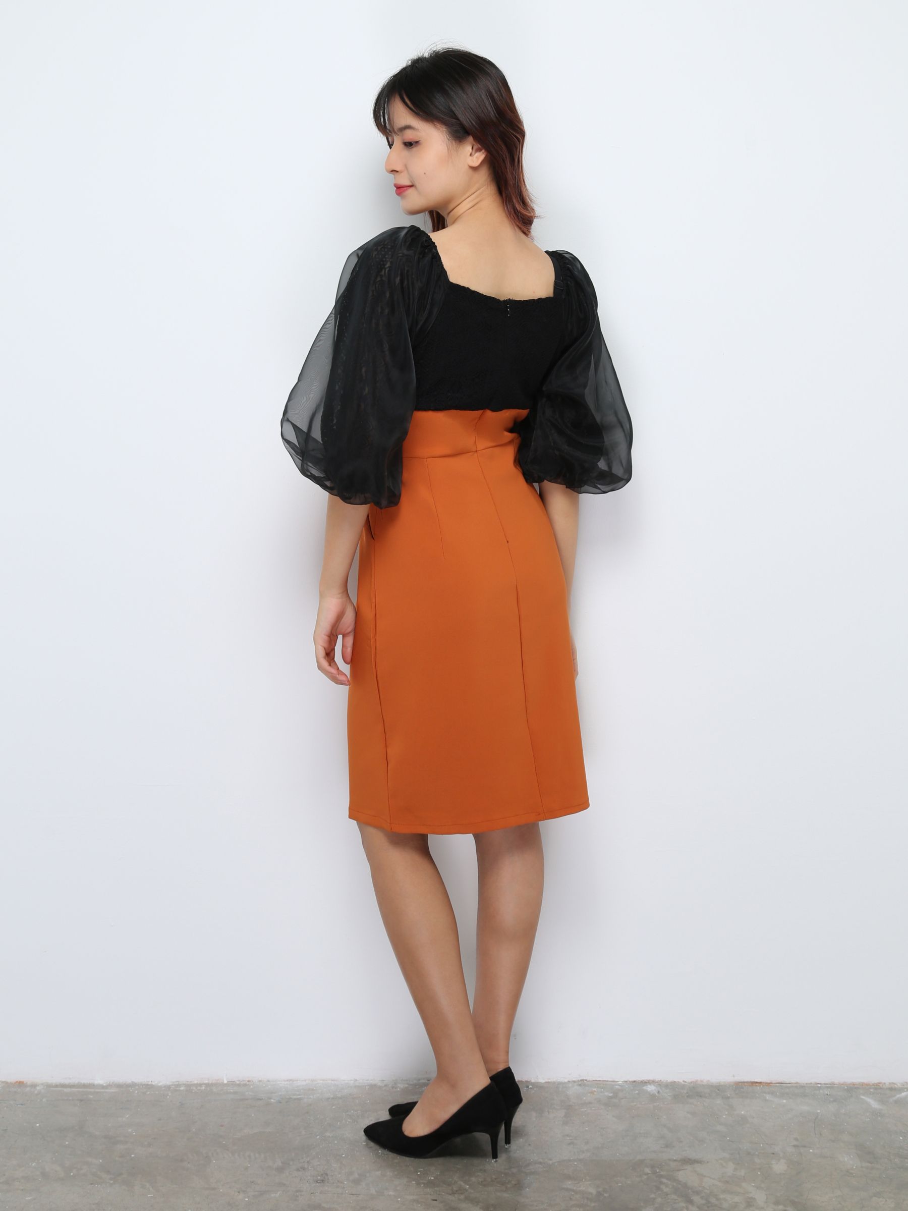 Two Tone Lace Puff Sleeve Dress 27690