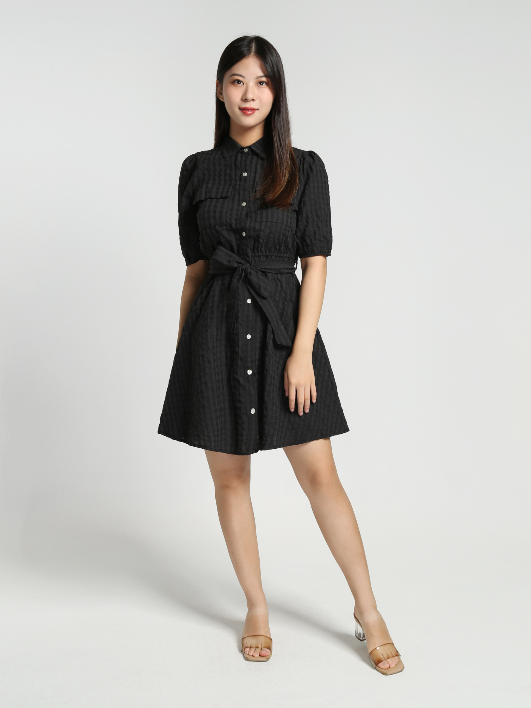 Puff Sleeve Front Button With Brlt Dress 27815