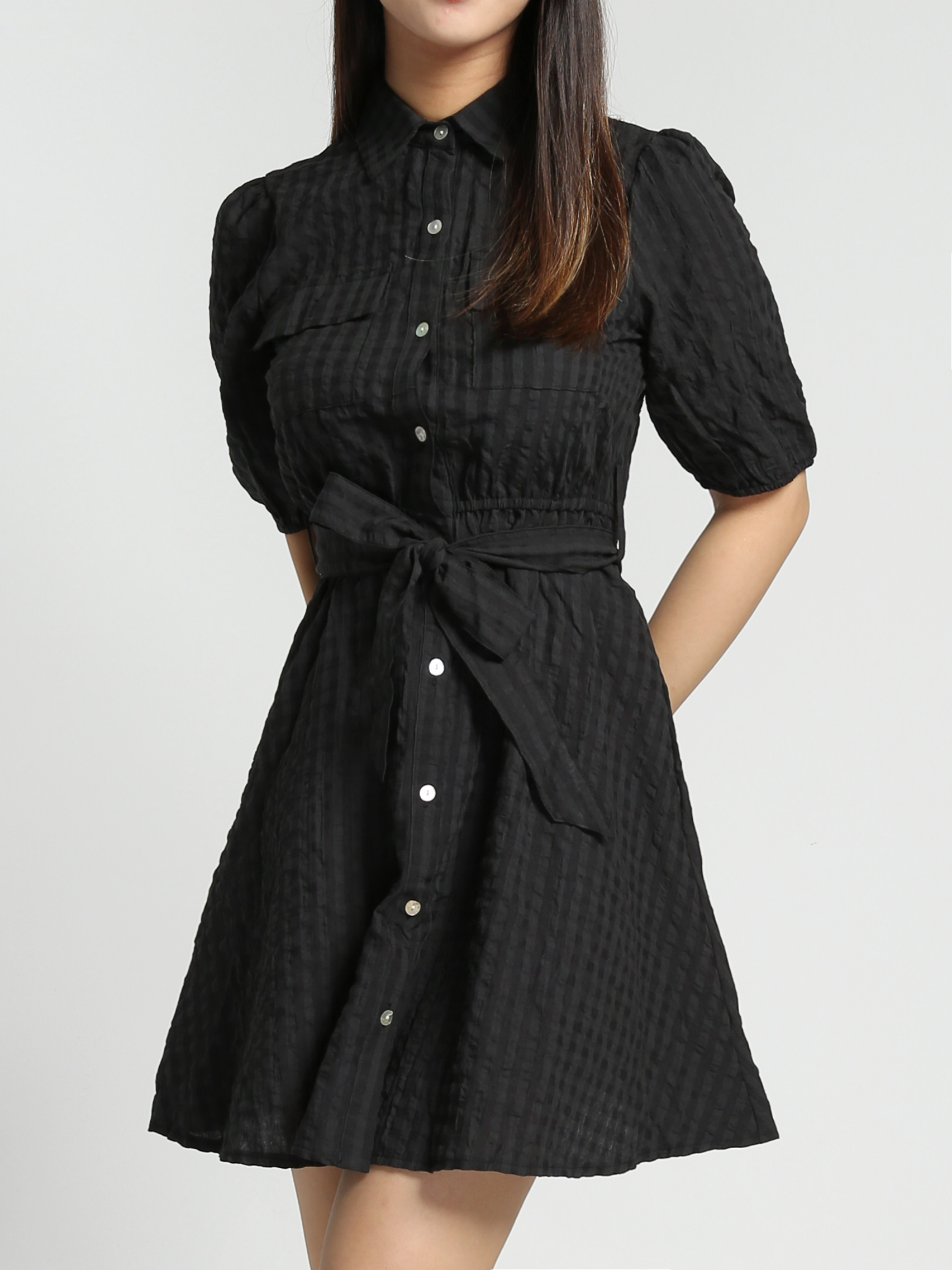 Puff Sleeve Front Button With Brlt Dress 27815