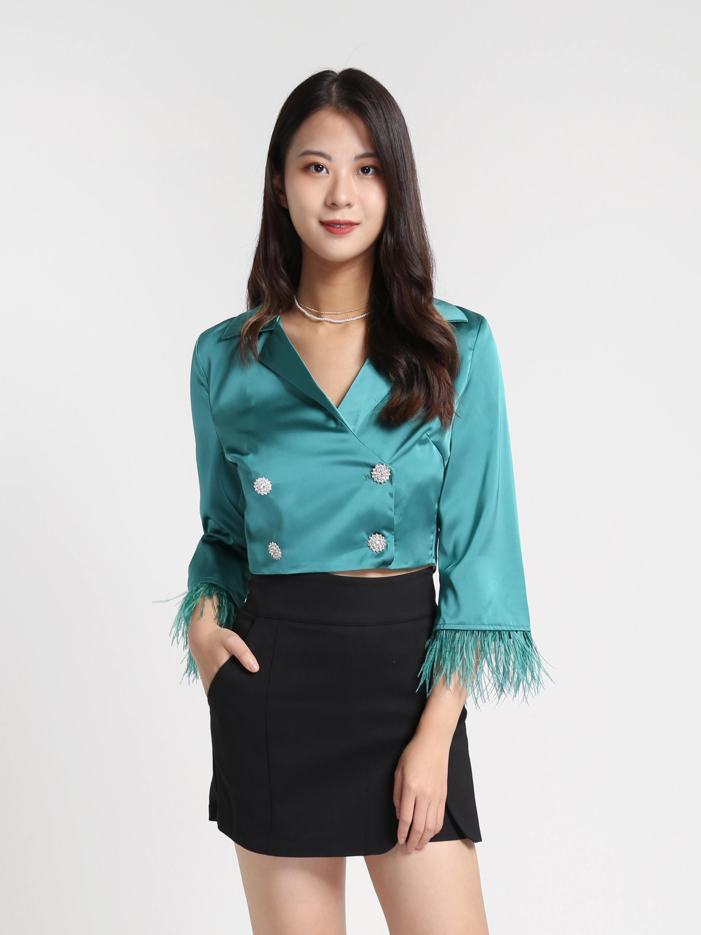 Front Button Long Sleeve With Fur Blazer 27832