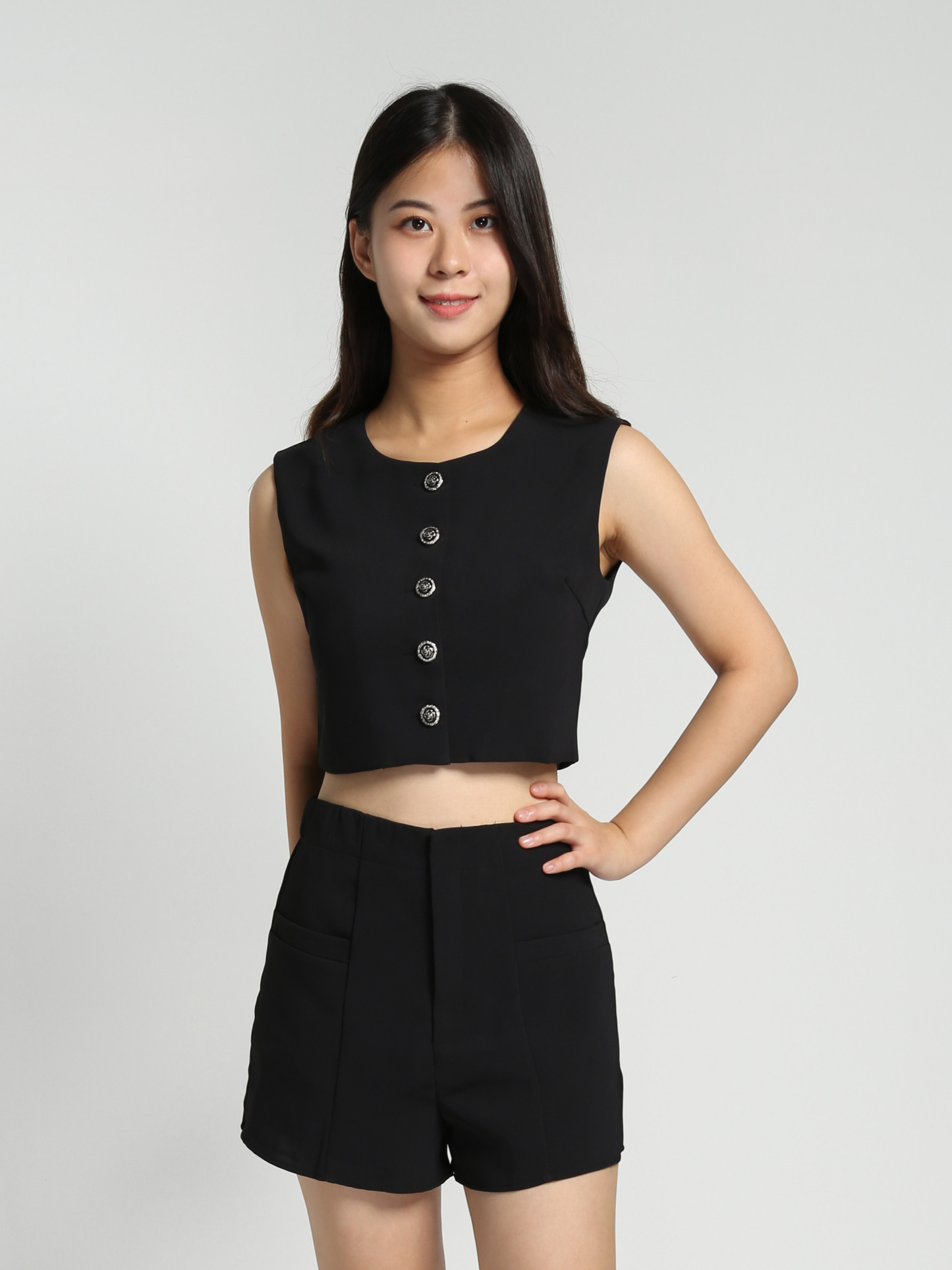 Sleeveless Front Button Top With Front Pocket Short Pants Set 27833