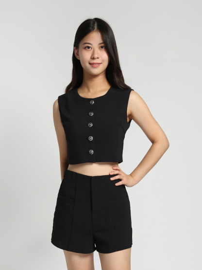 Sleeveless Front Button Top With Front Pocket Short Pants Set 27833