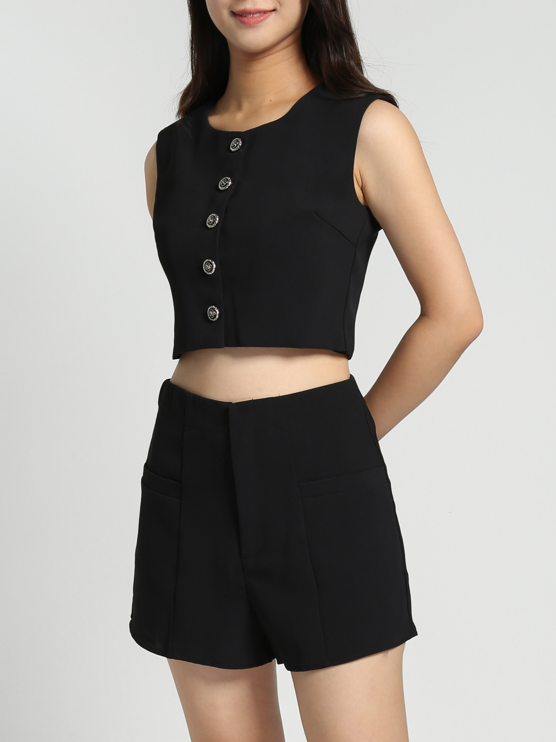 Sleeveless Front Button Top With Front Pocket Short Pants Set 27833