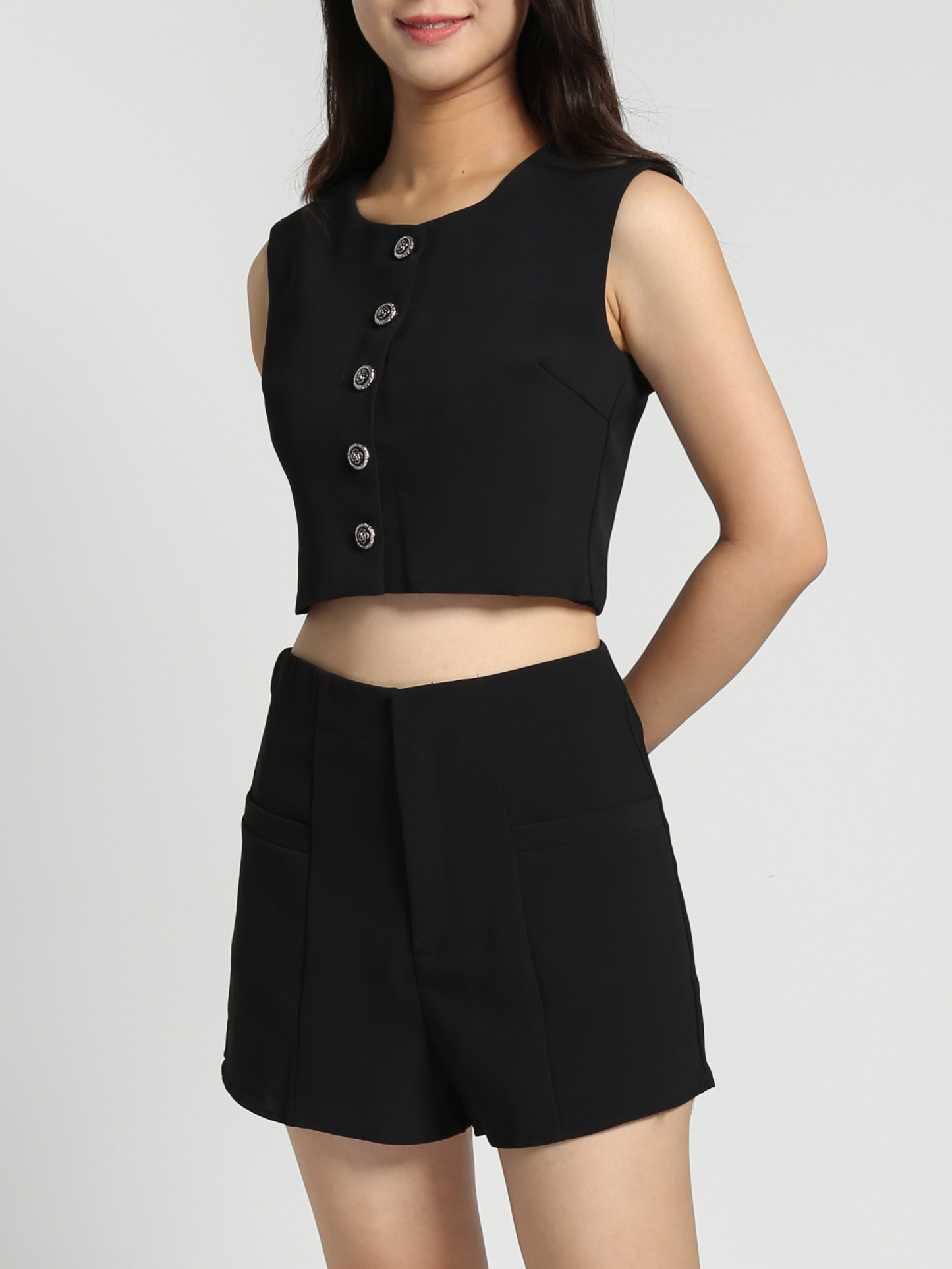 Sleeveless Front Button Top With Front Pocket Short Pants Set 27833